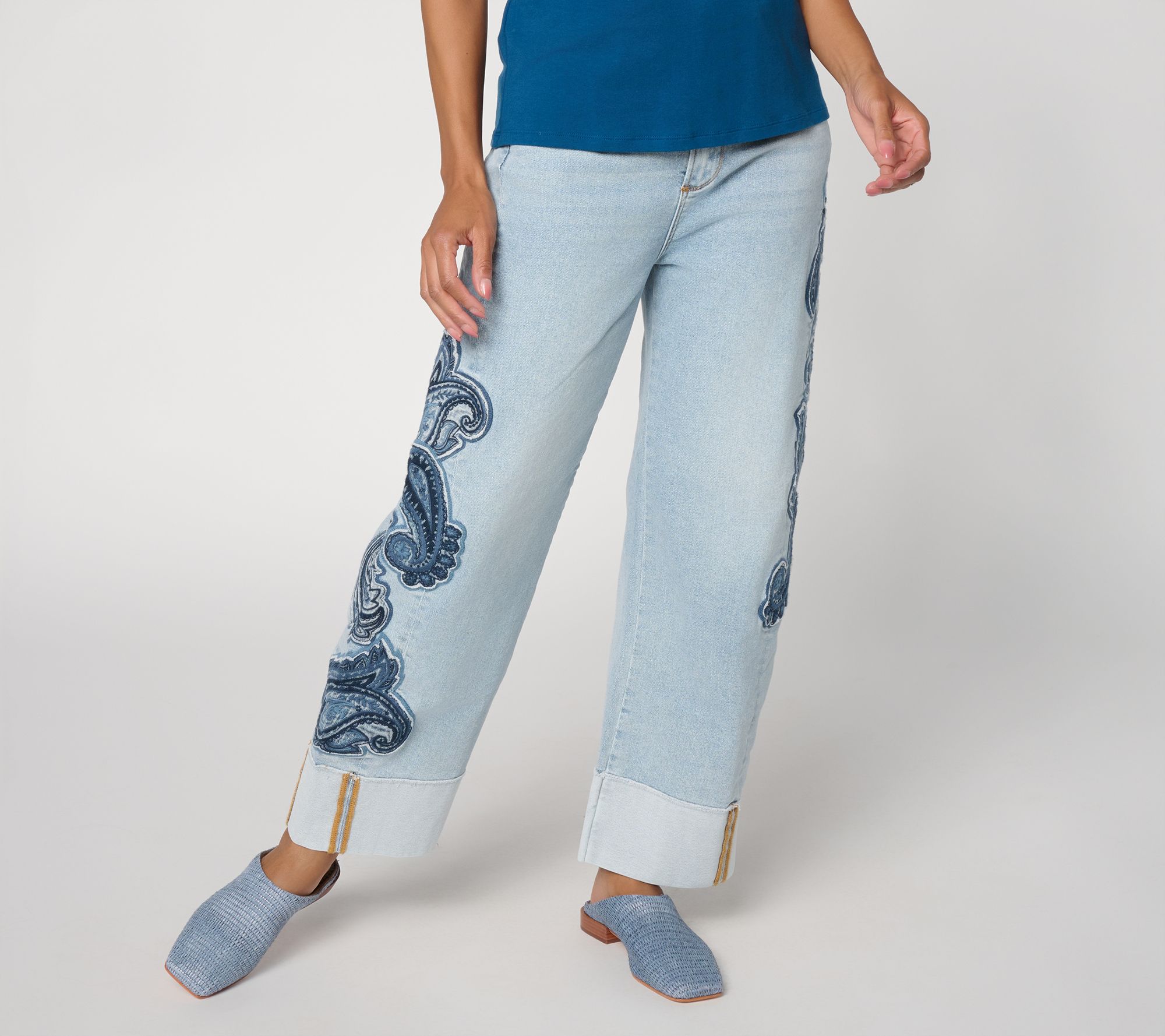 Driftwood Mabel Wide-Leg Emroidered Barrel Leg Jean - Paisly Patch