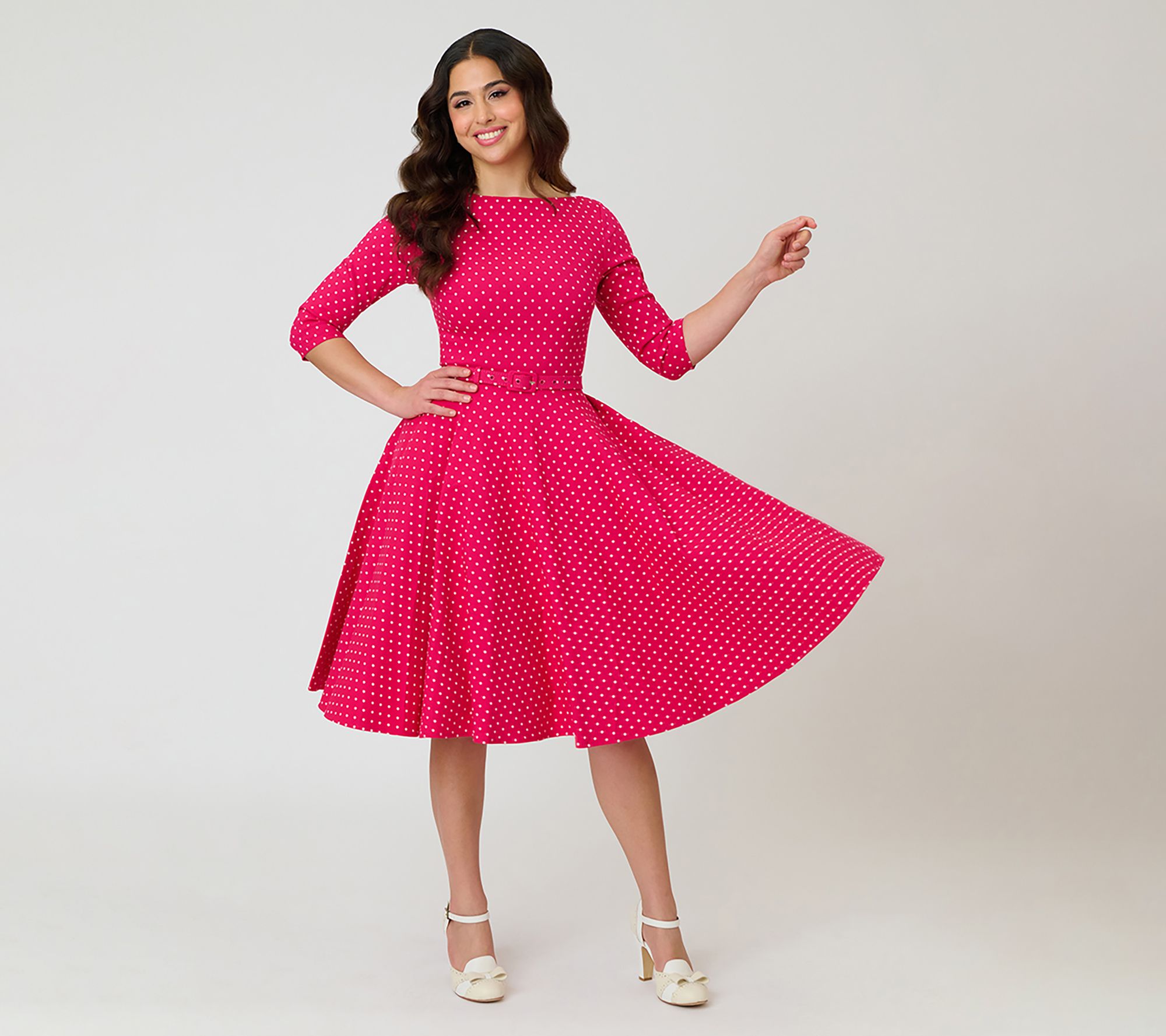 Unique Vintage Hot Pink Pin Dot Devon Swing Dress