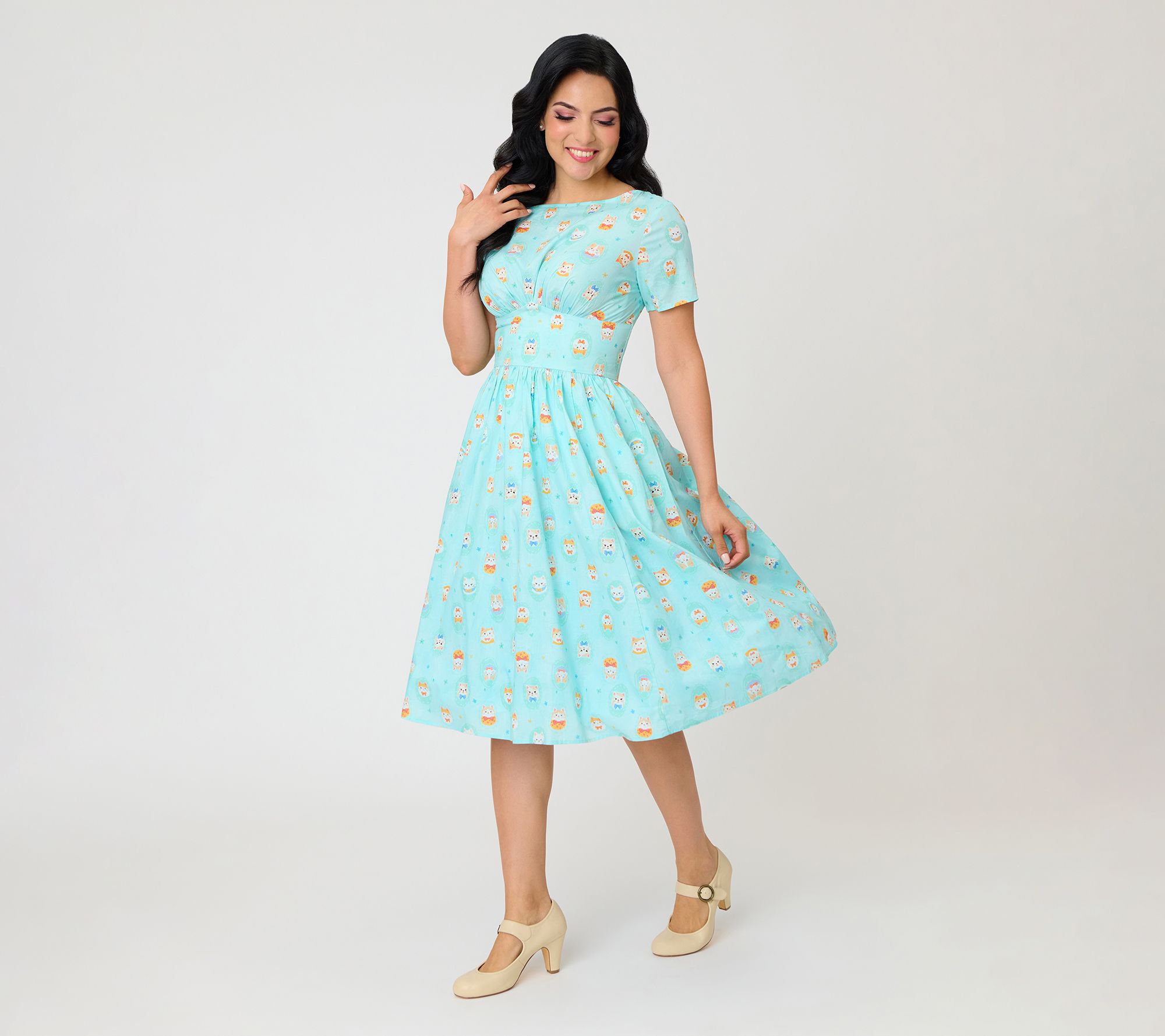 Unique Vintage Baby Blue Cats Scoop Back SwingDress