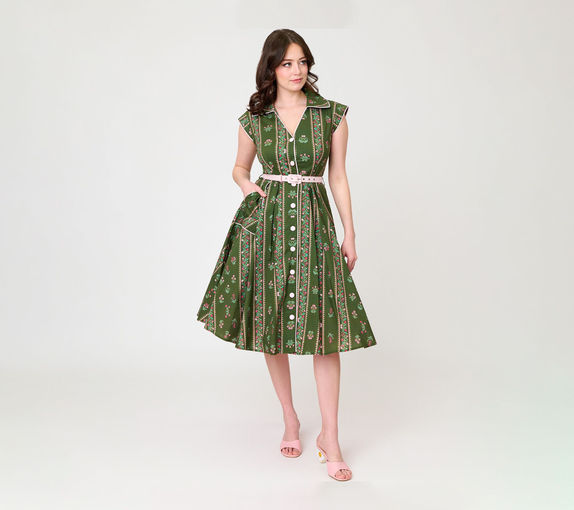 Unique Vintage Green Floral Stripe Shirt SwingDress