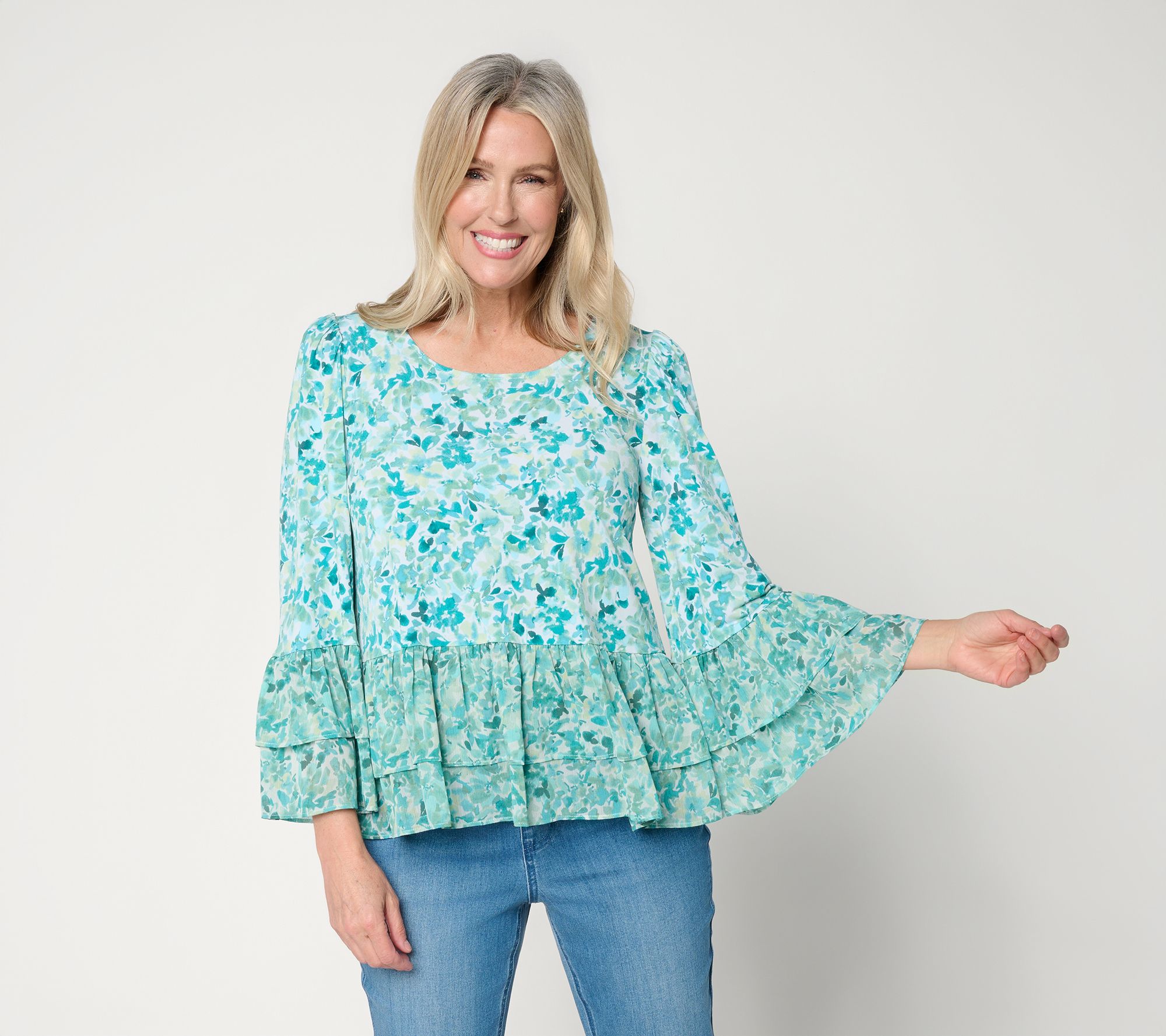 "As Is" Susan Graver Printed Liquid Knit Scoop Neck Top with Ruffle