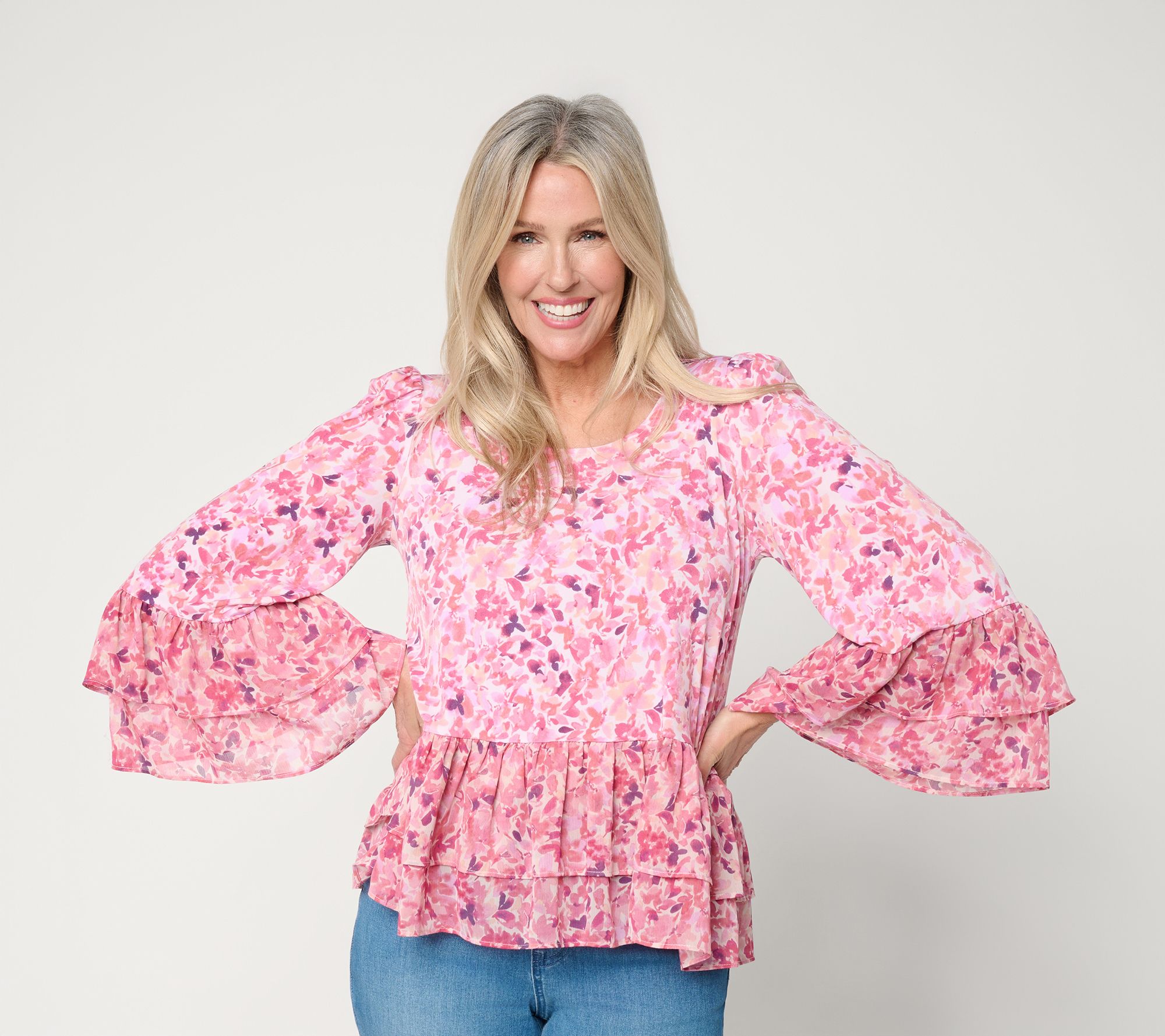 "As Is" Susan Graver Printed Liquid Knit Scoop Neck Top with Ruffle
