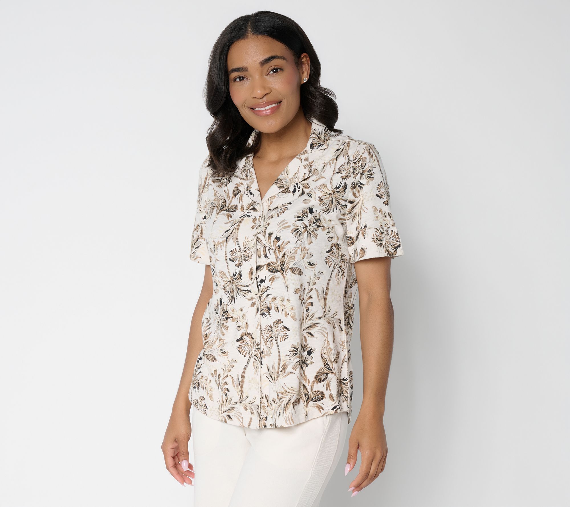 "As Is" Denim & Co. Printed Linen Blend Button Front Top
