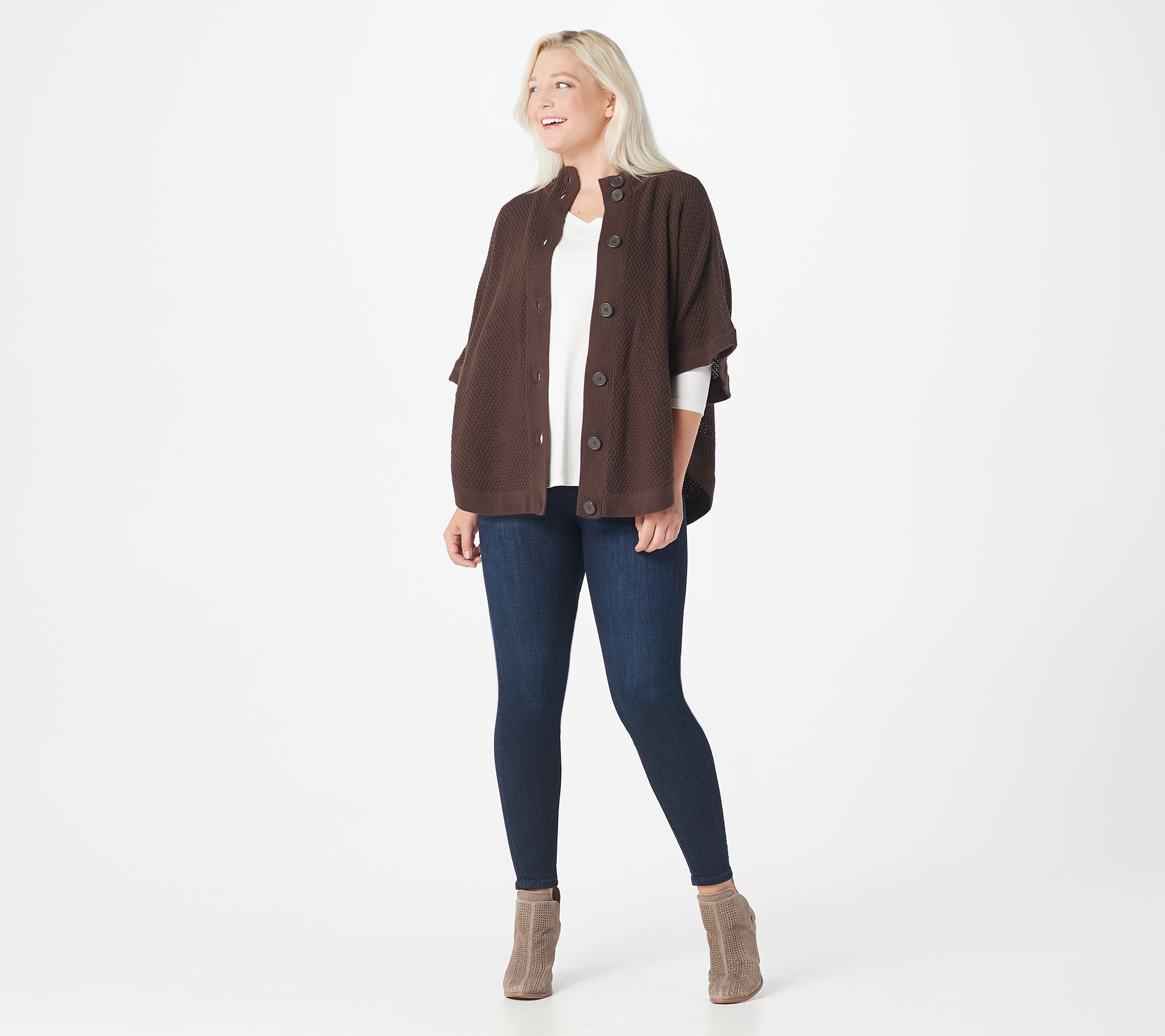 Denim & Co. Stand Collar Button Front Poncho Sweater - QVC.com