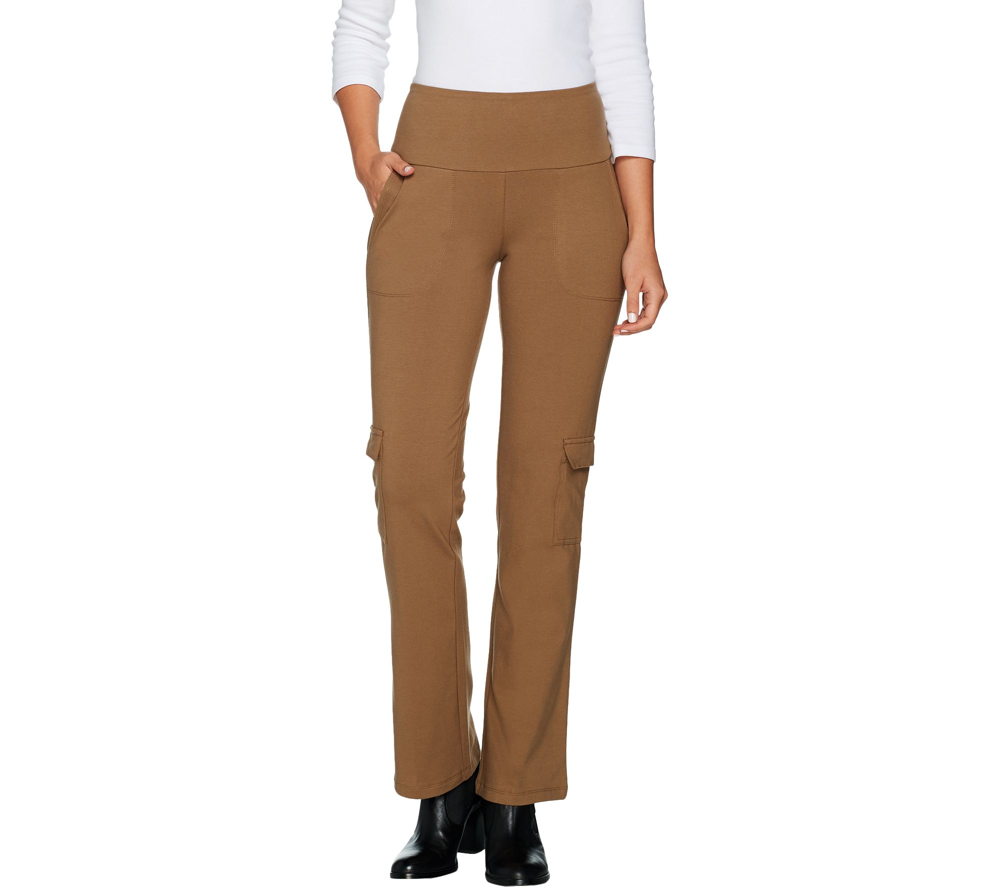 Women with Control Petite Tummy Control Pull-On Boot Cut Cargo Pants 
