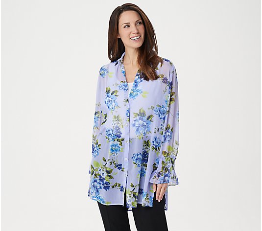 "As Is" Susan Graver Printed Crinkle Chiffon Button Front Shirt