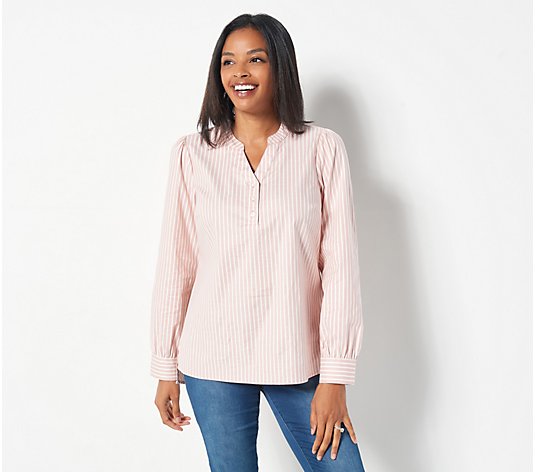 Denim & Co. Stretch Oxford Popover Long-Sleeve Blouse