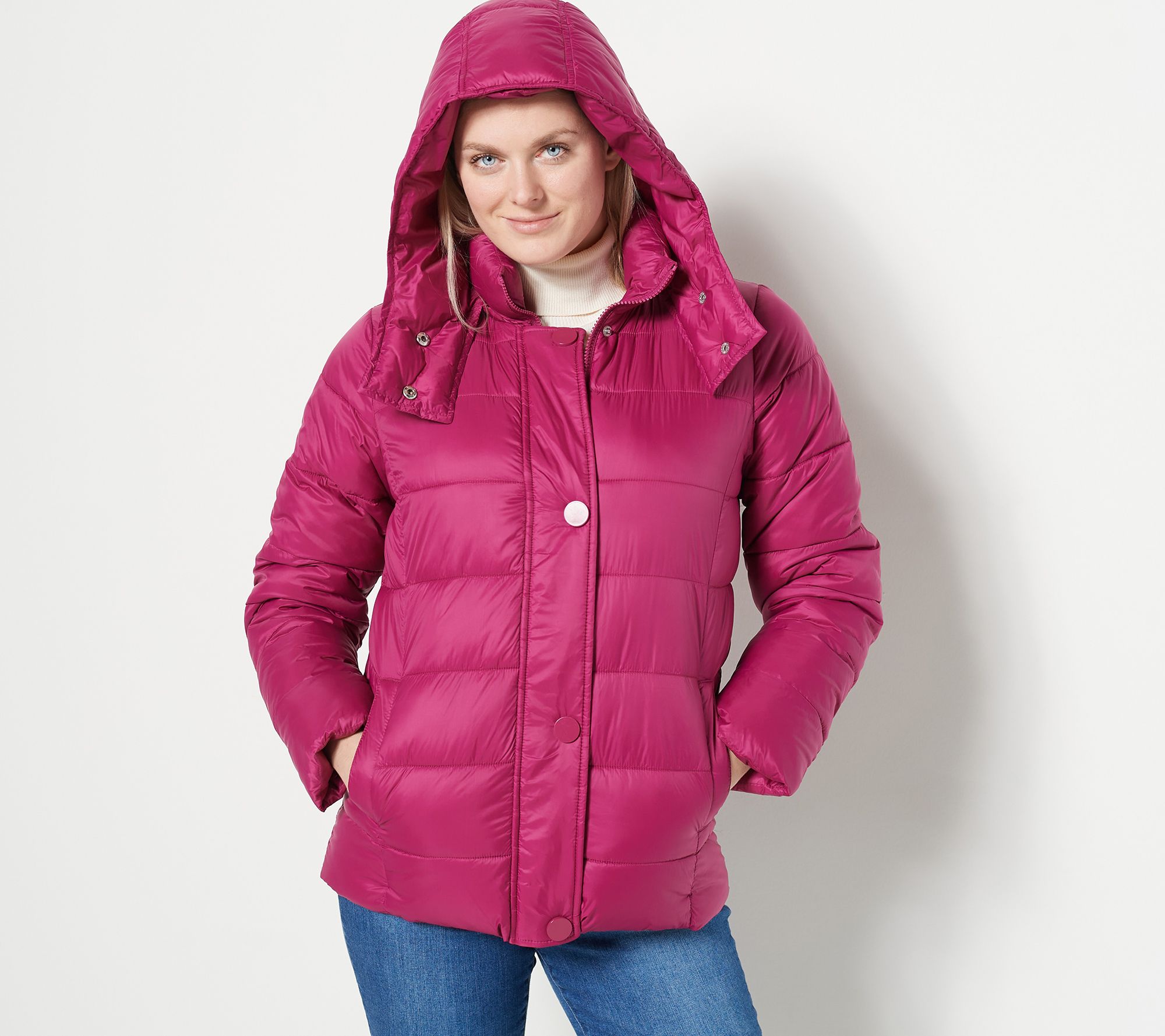 Susan Graver Nylon Cire Water Resistant Hooded Puffer Jacket
