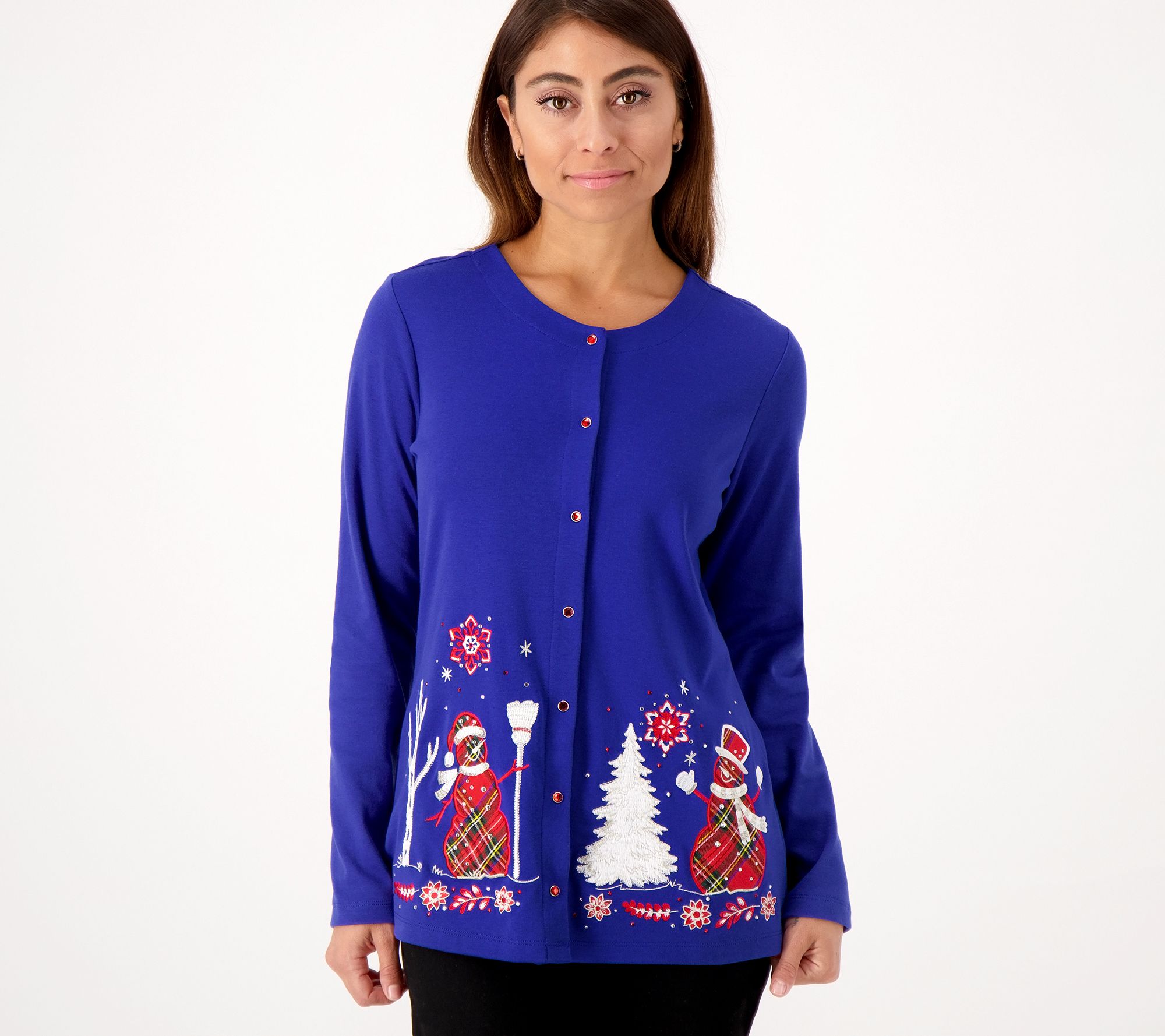 Quacker Factory Appliqued Holiday Snap Front Knit Cardigan - QVC.com