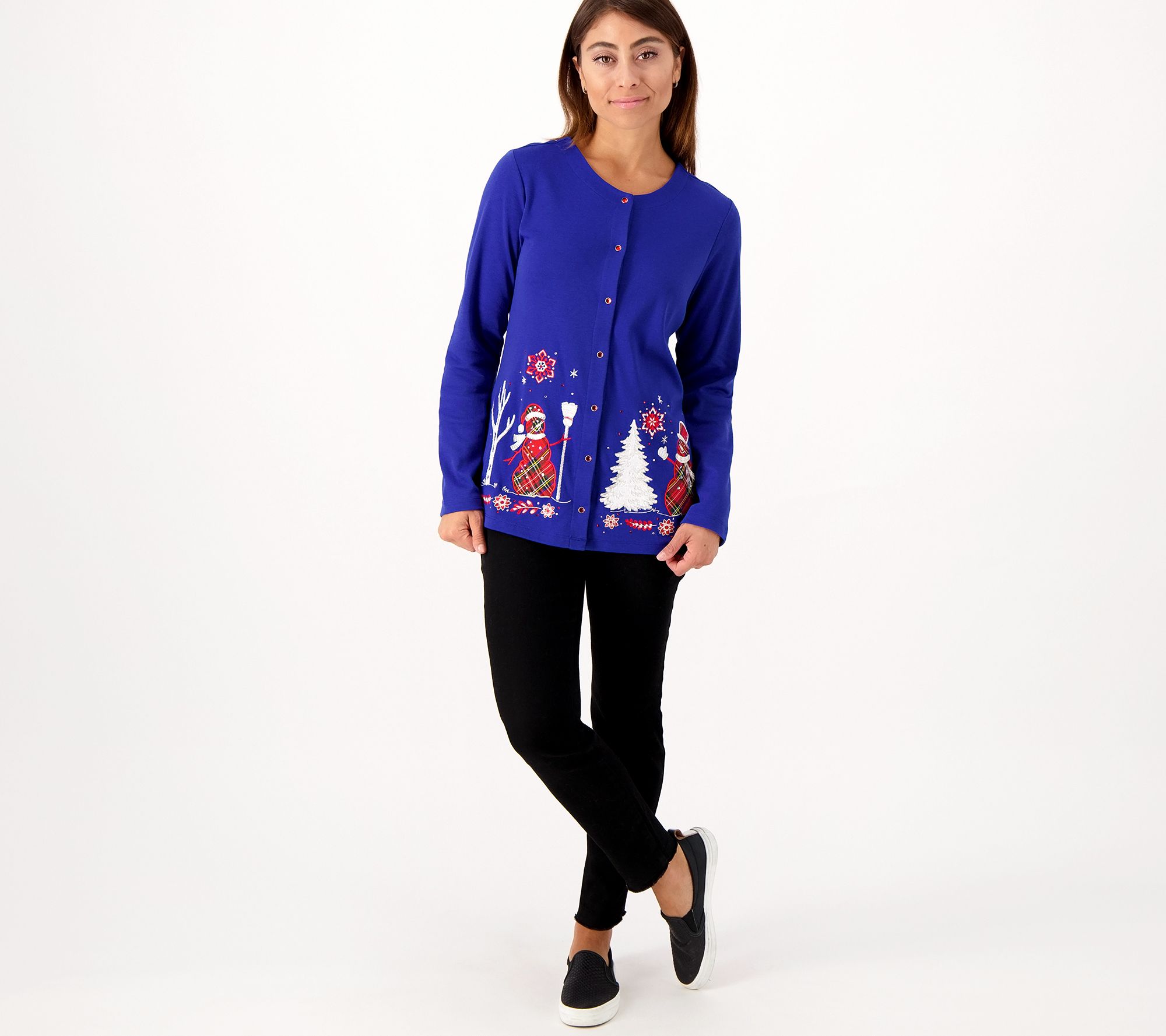 Quacker Factory Appliqued Holiday Snap Front Knit Cardigan - QVC.com