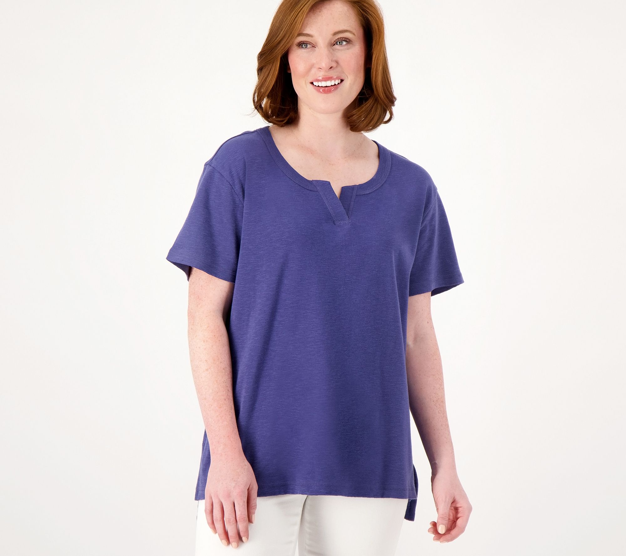 "As Is" Denim & Co. Canyon Retreat Notch Neck Top with Raw Hem