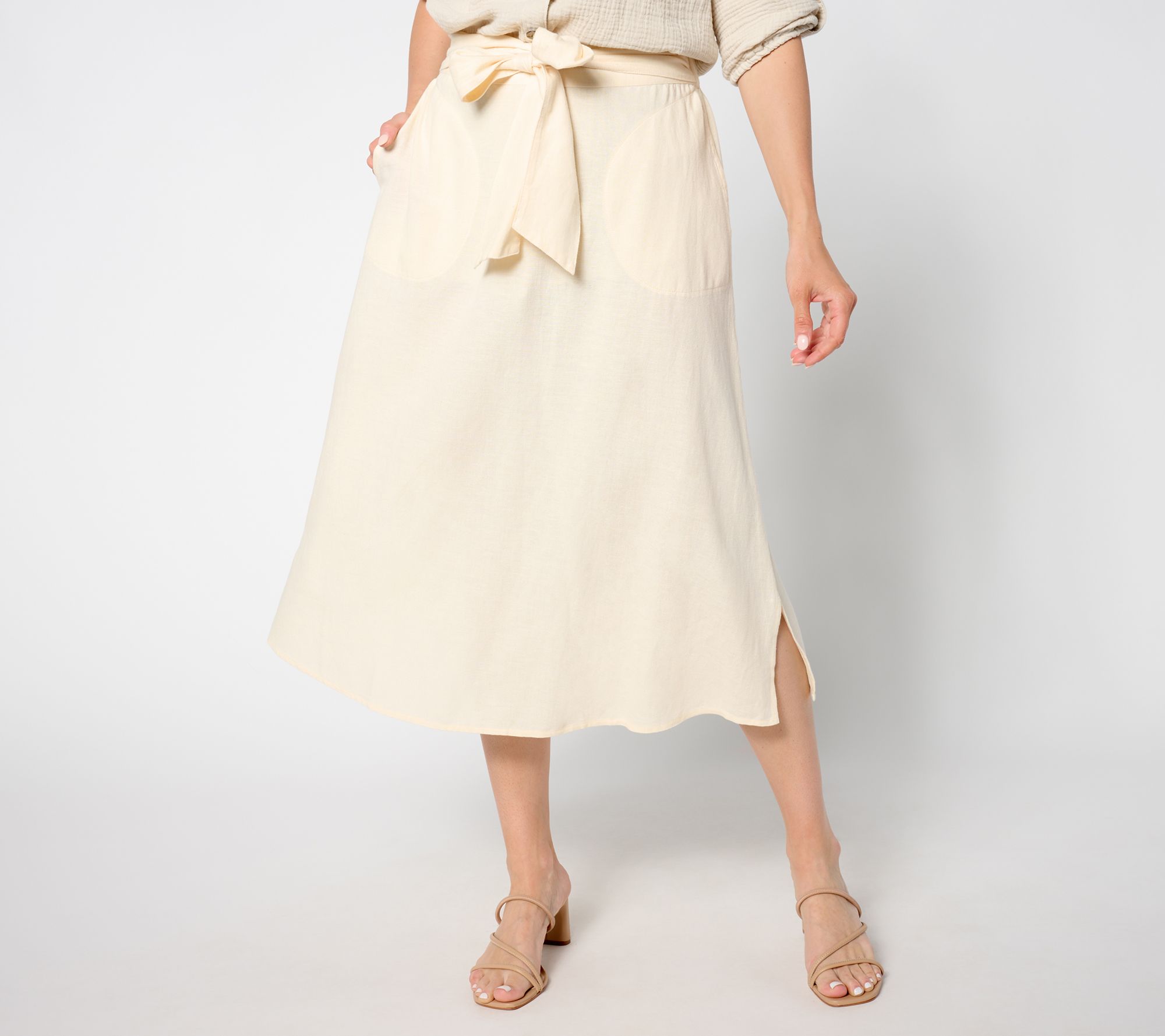 Denim & Co. Regular Linen Blend Midi Skirt with Belt