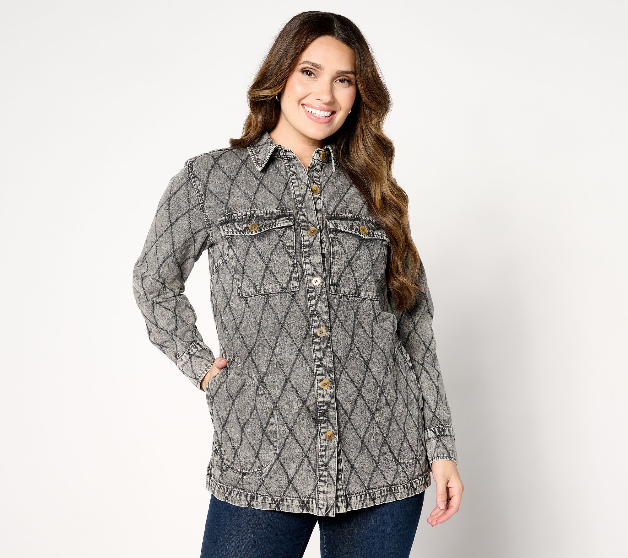 Joan Rivers Cotton Denim Boyfriend Shirt with Diamond Stitch Detail
