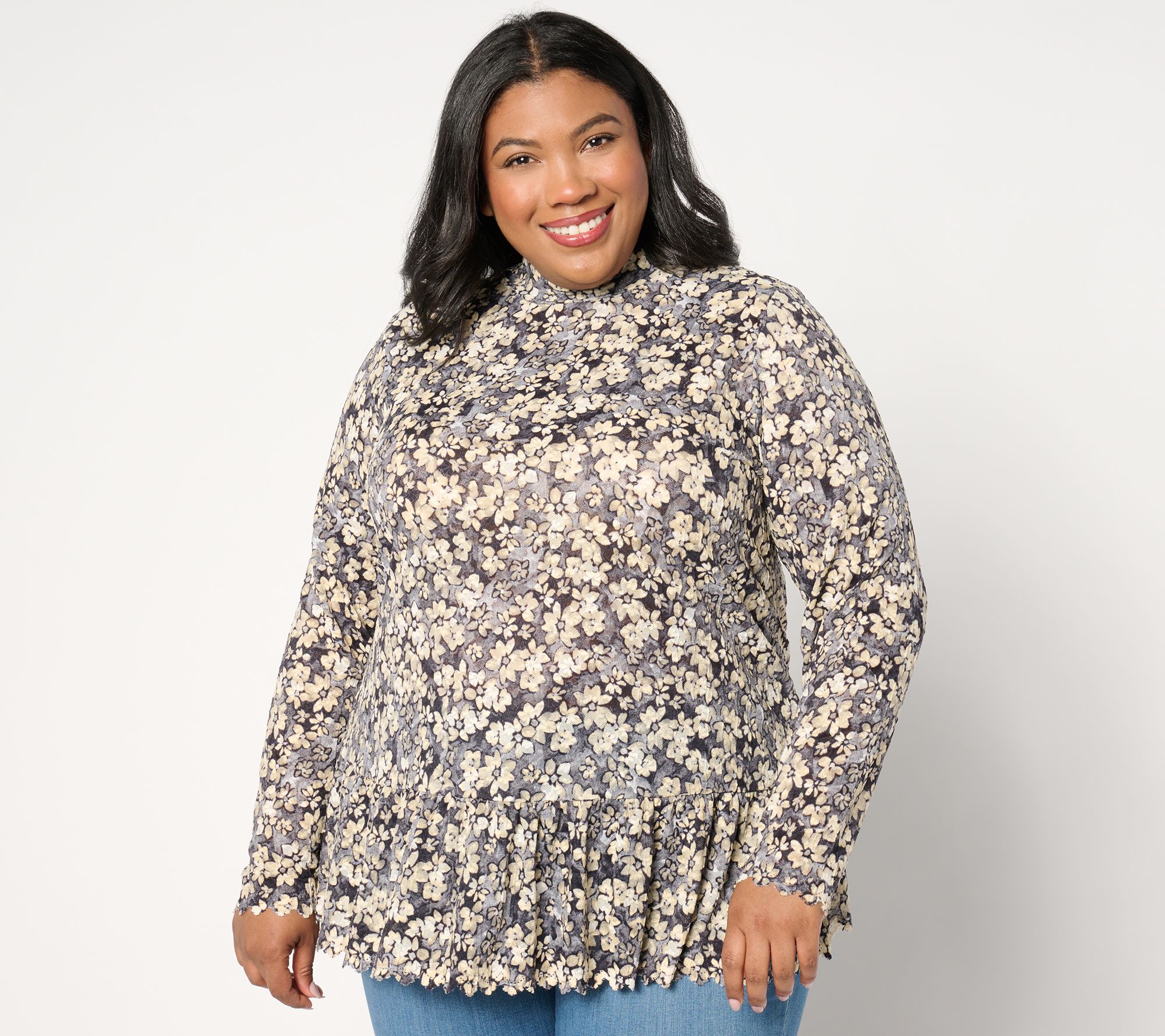 LOGO by Lori Goldstein Floral Print Lace Mock Neck Top