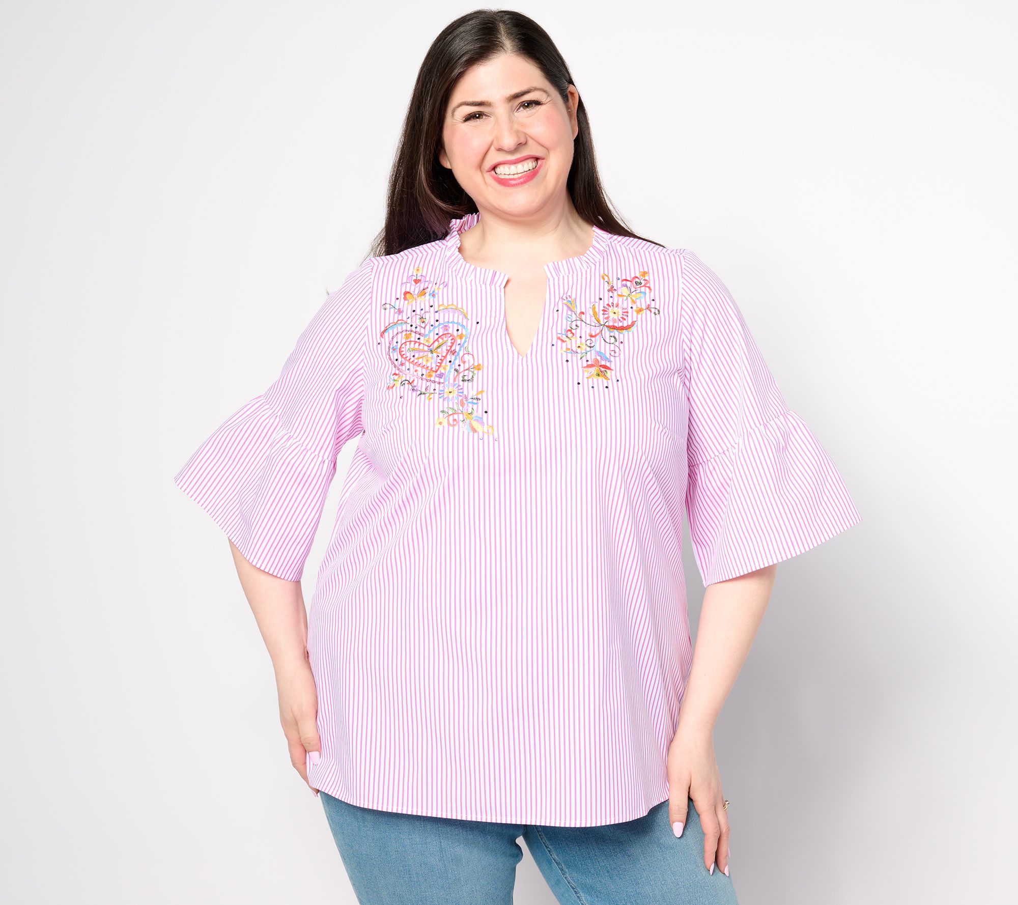 "As Is" Quacker Factory Floral Fantasy Striped Pop Over Blouse