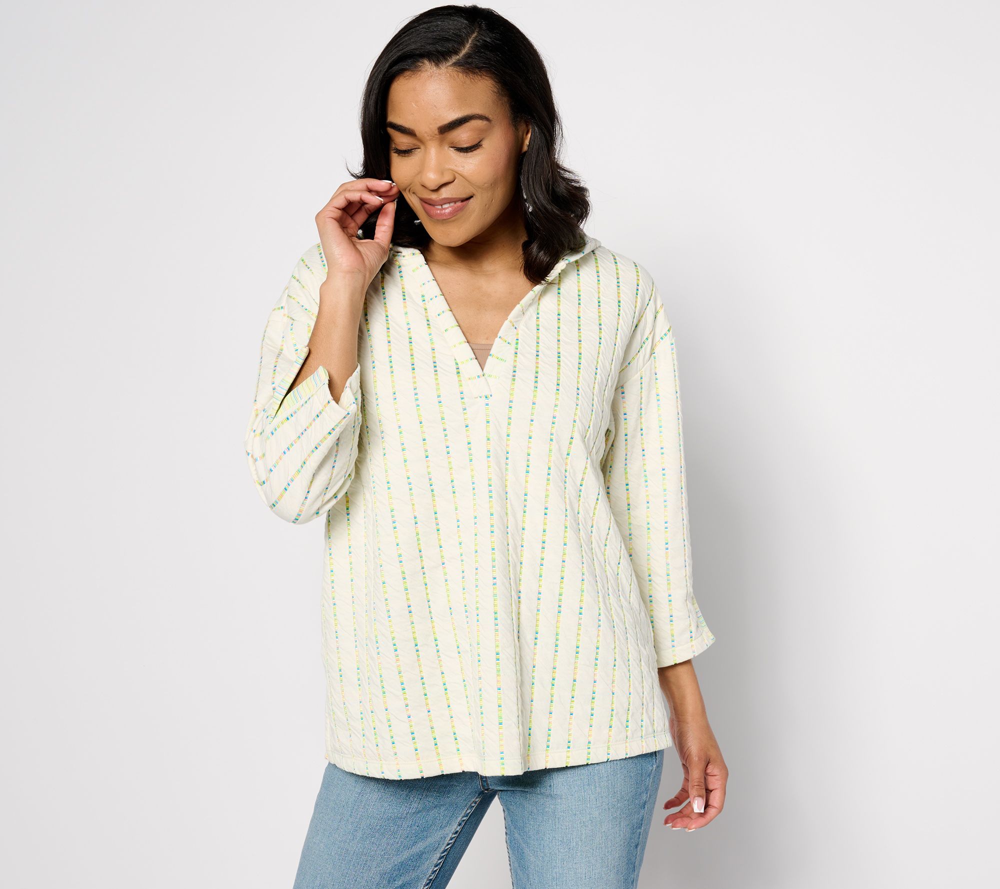 "As Is" Isaac Mizrahi Live! Novelty Knit Relaxed Fit 3/4 Slv Pullover