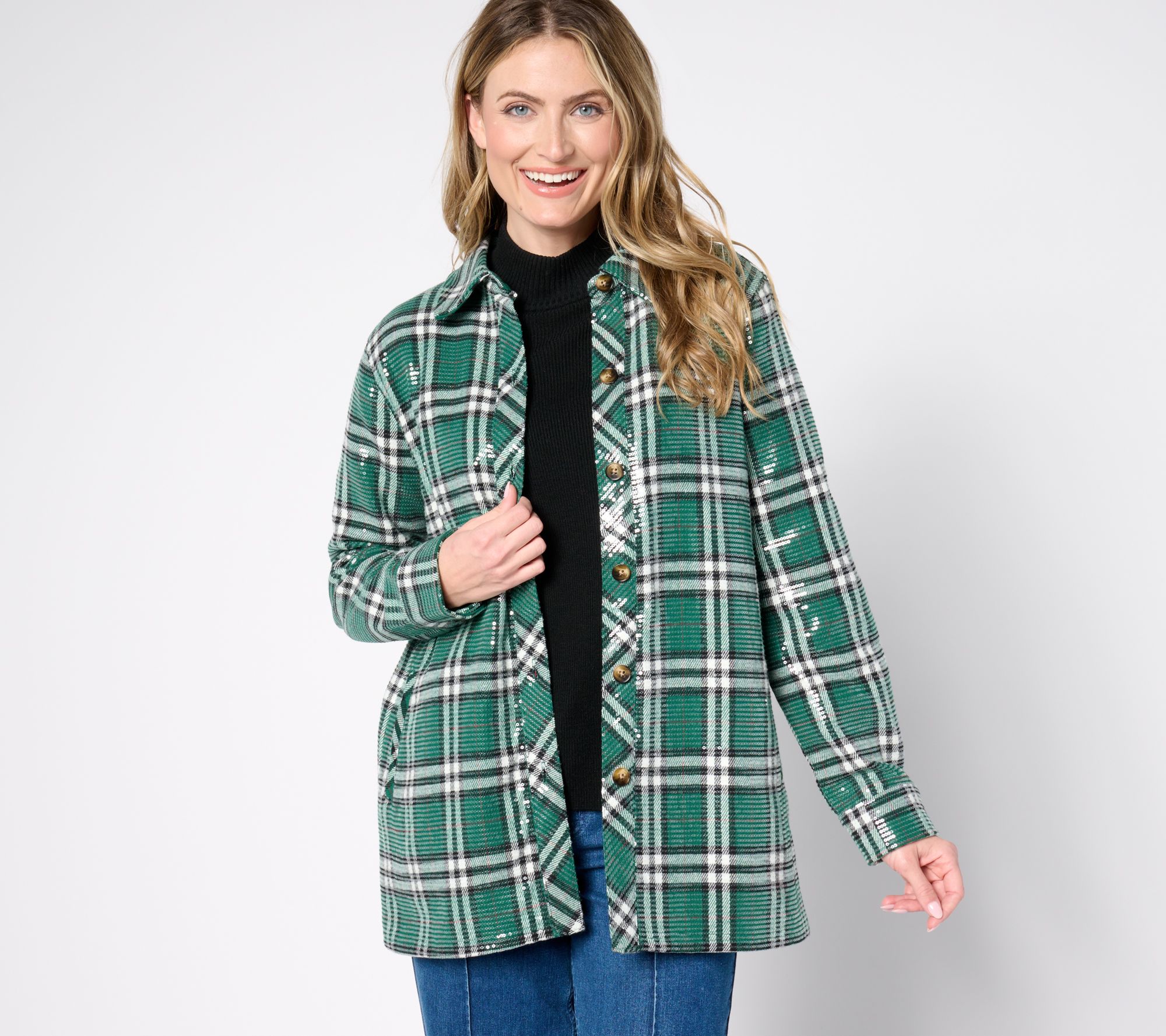 Jingle Belles by Kim Gravel Sequin Plaid Lumberjill Shacket