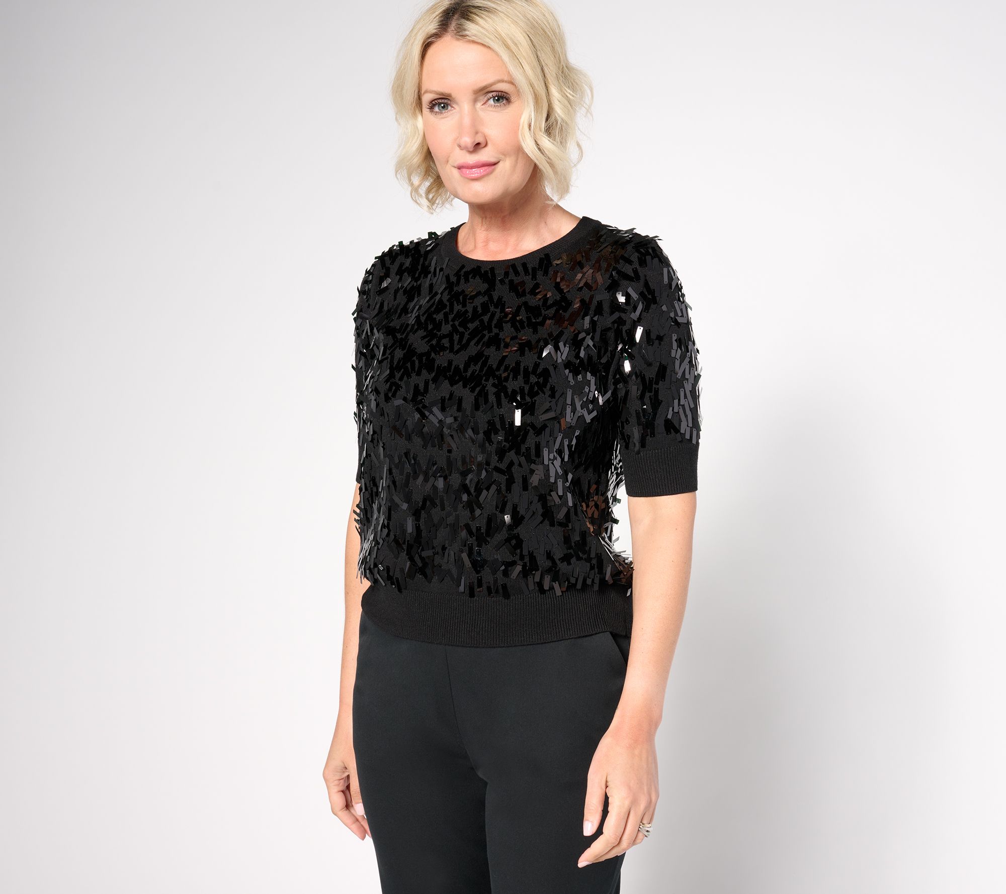 Isaac Mizrahi Live! Always Isaac Sequin Elbow Sleeve Sweater