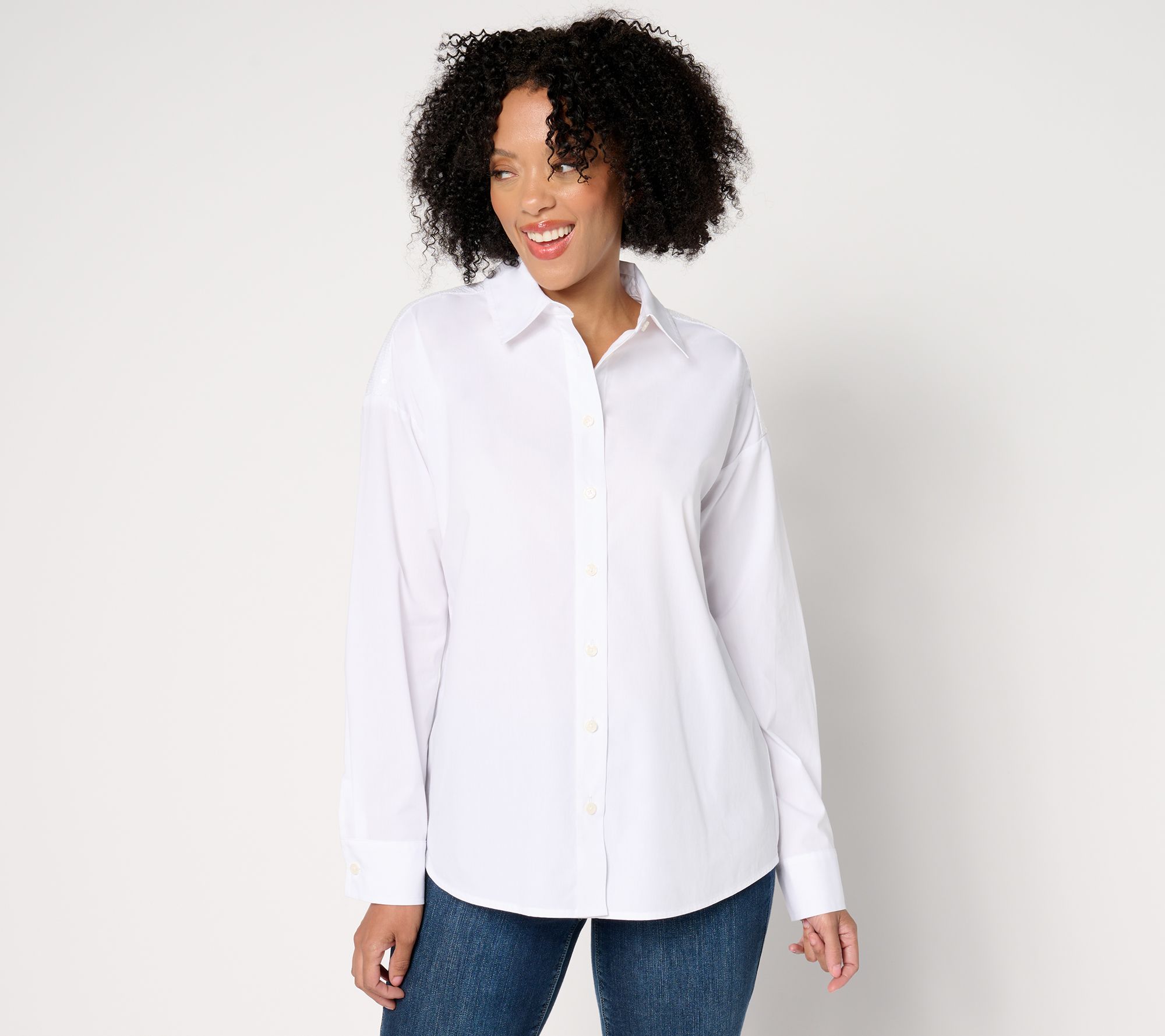Attitudes by Renee Button Front Shirt with Sequins