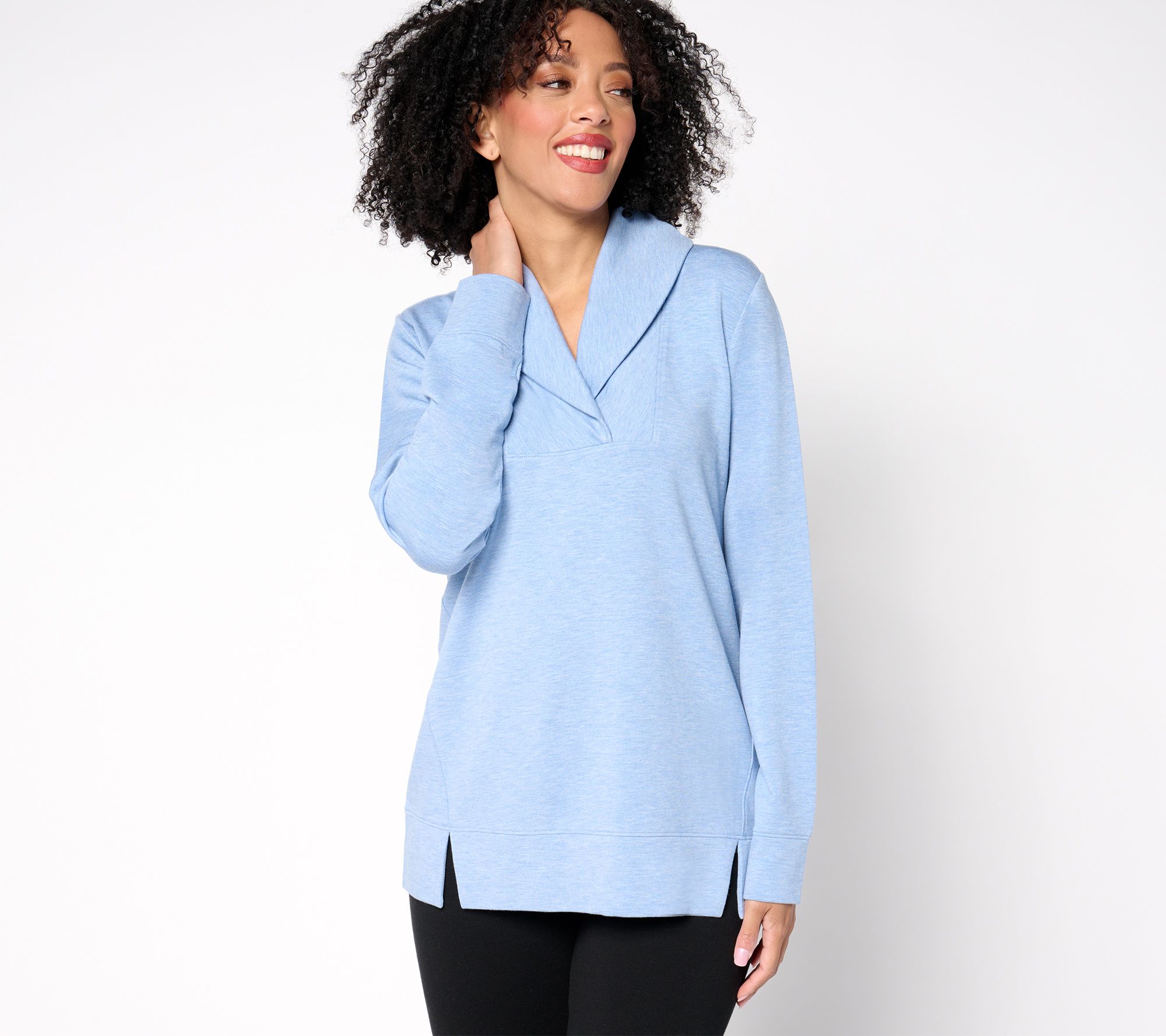 Denim & Co. Active Fleece Back Knit Top with Shawl Collar