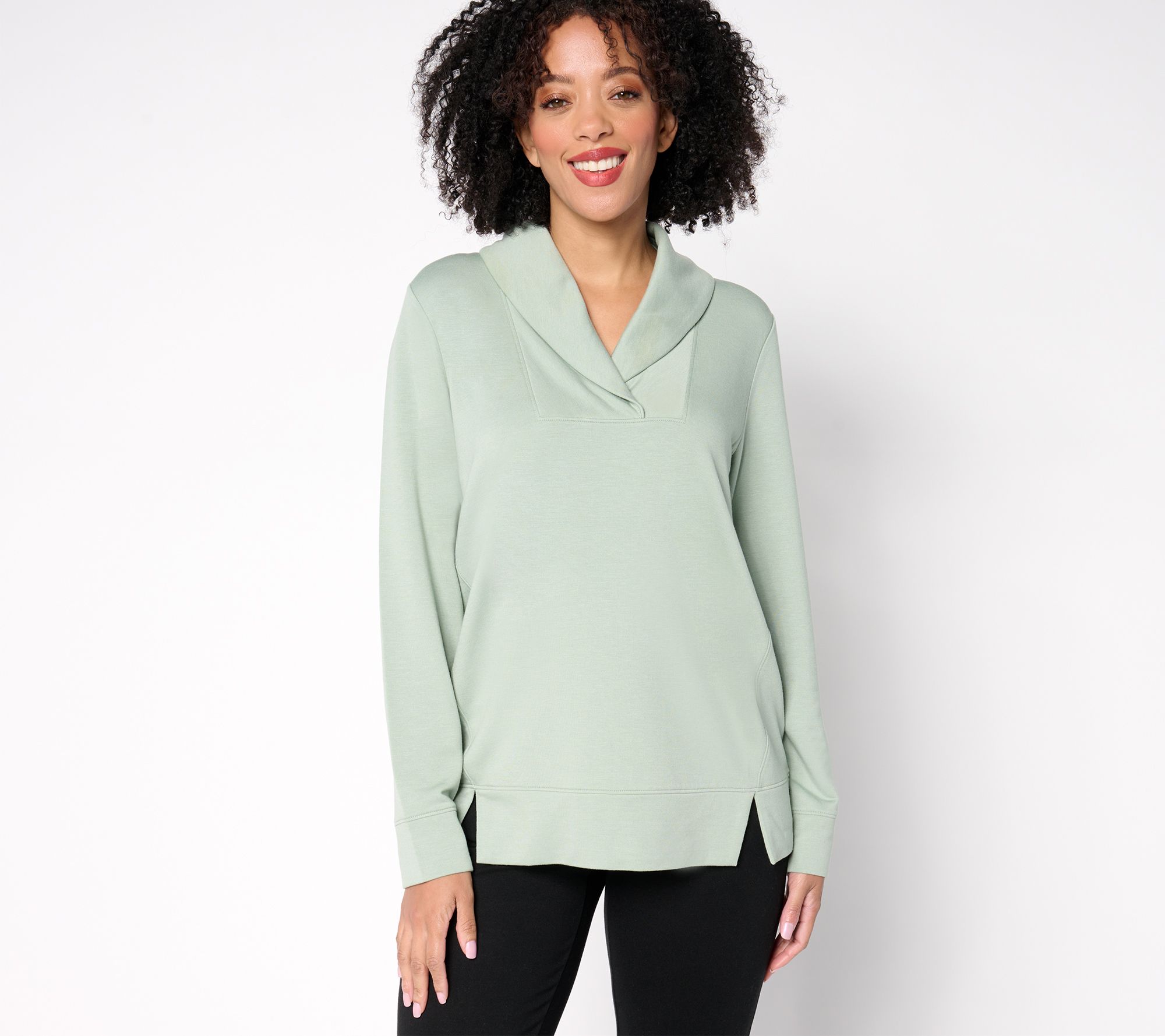Denim & Co. Active Fleece Back Knit Top with Shawl Collar