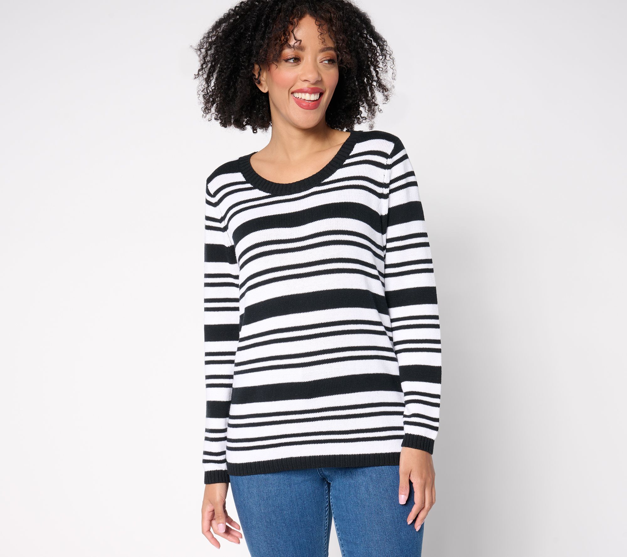 Denim & Co. 100% Cotton Striped Long-Sleeve Sweater