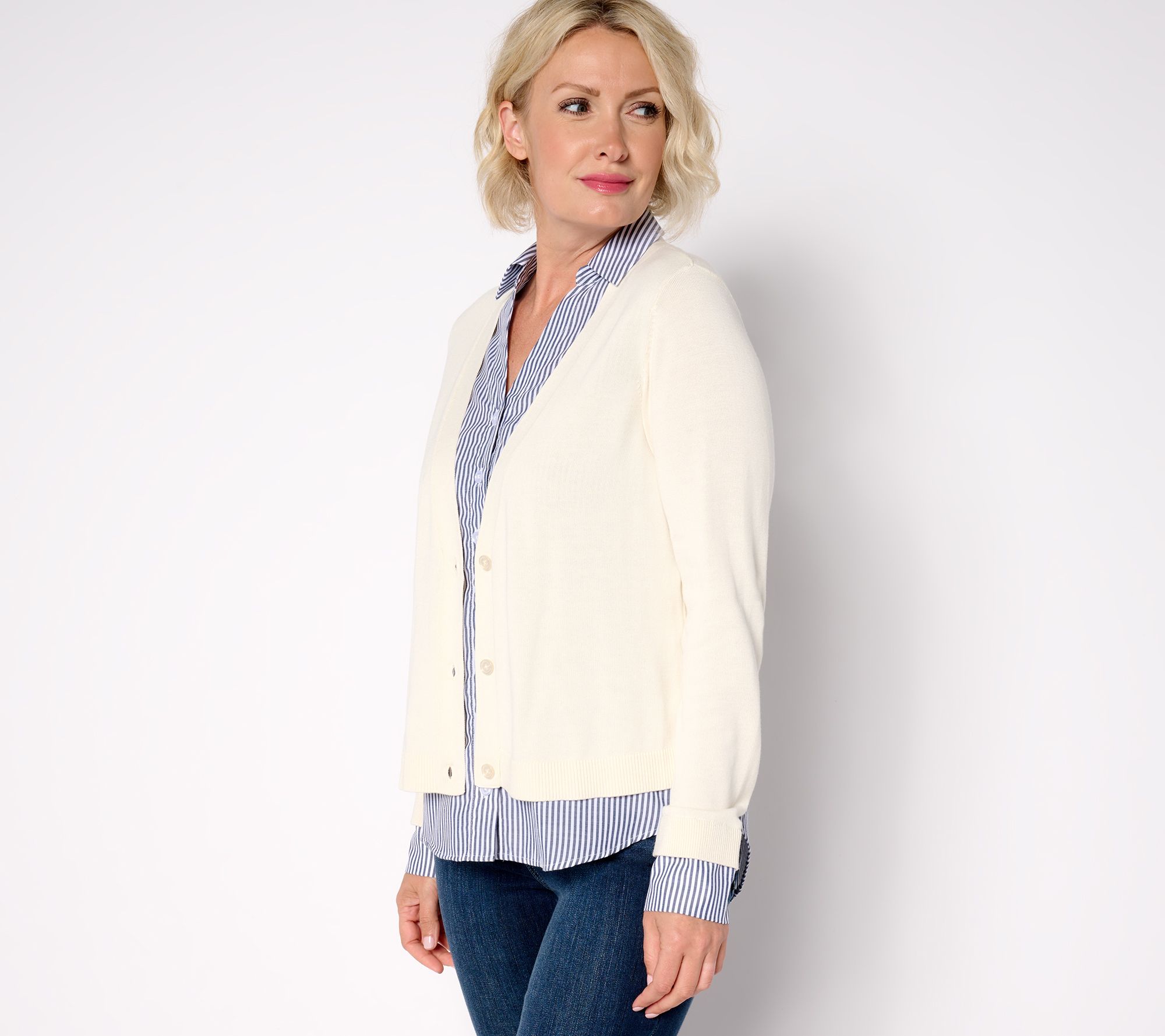 "As Is" Joan Rivers Collared 2-Fer Button Front Cardigan