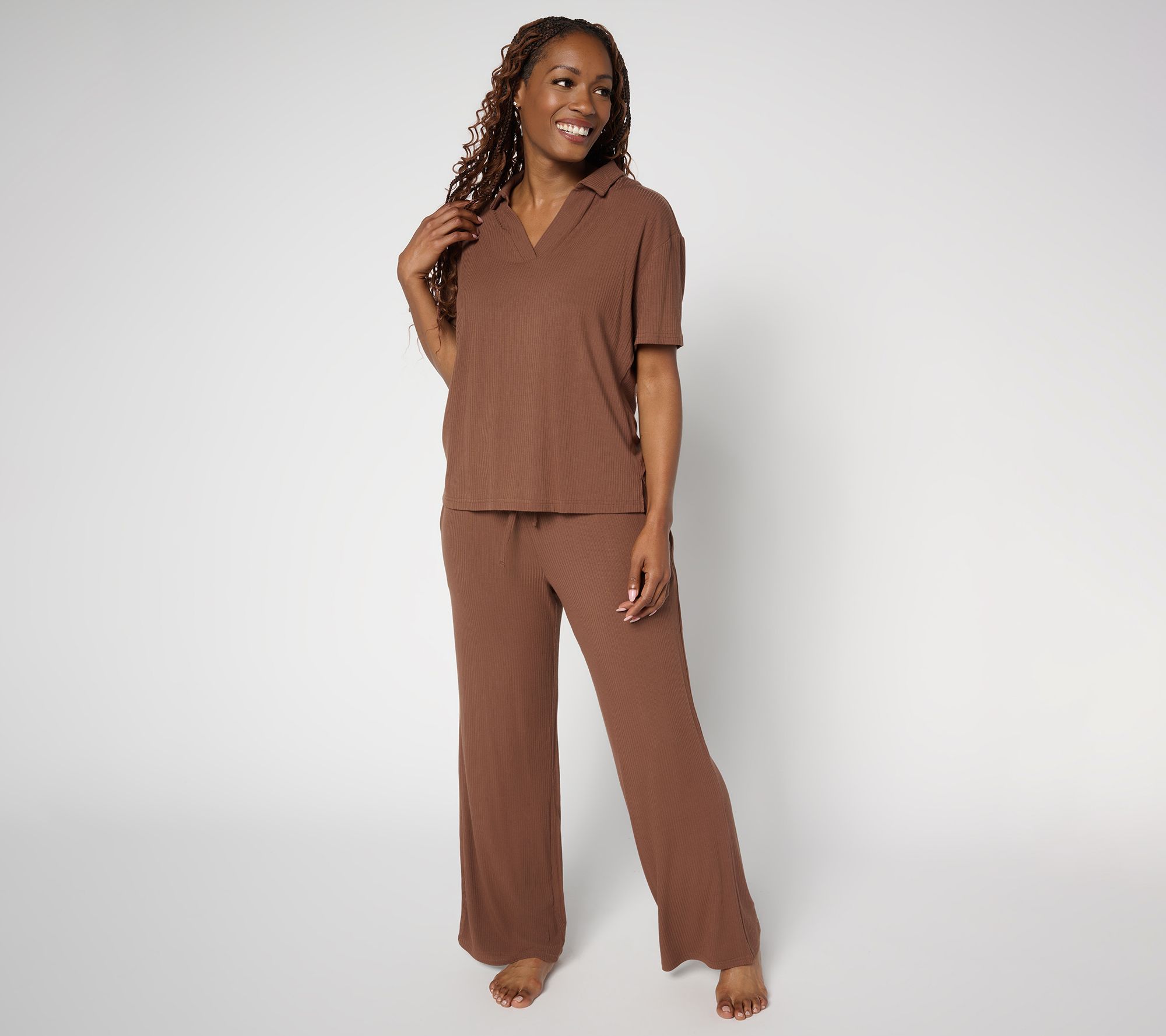 MUK LUKS Rib Knit Short Sleeve Collared Lounge Set