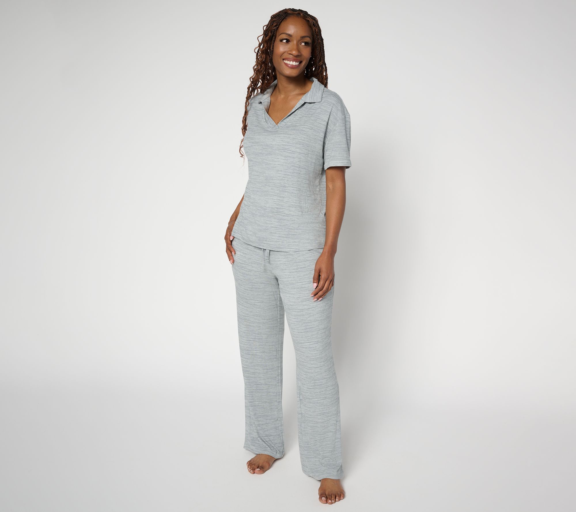 MUK LUKS Rib Knit Short Sleeve Collared Lounge Set