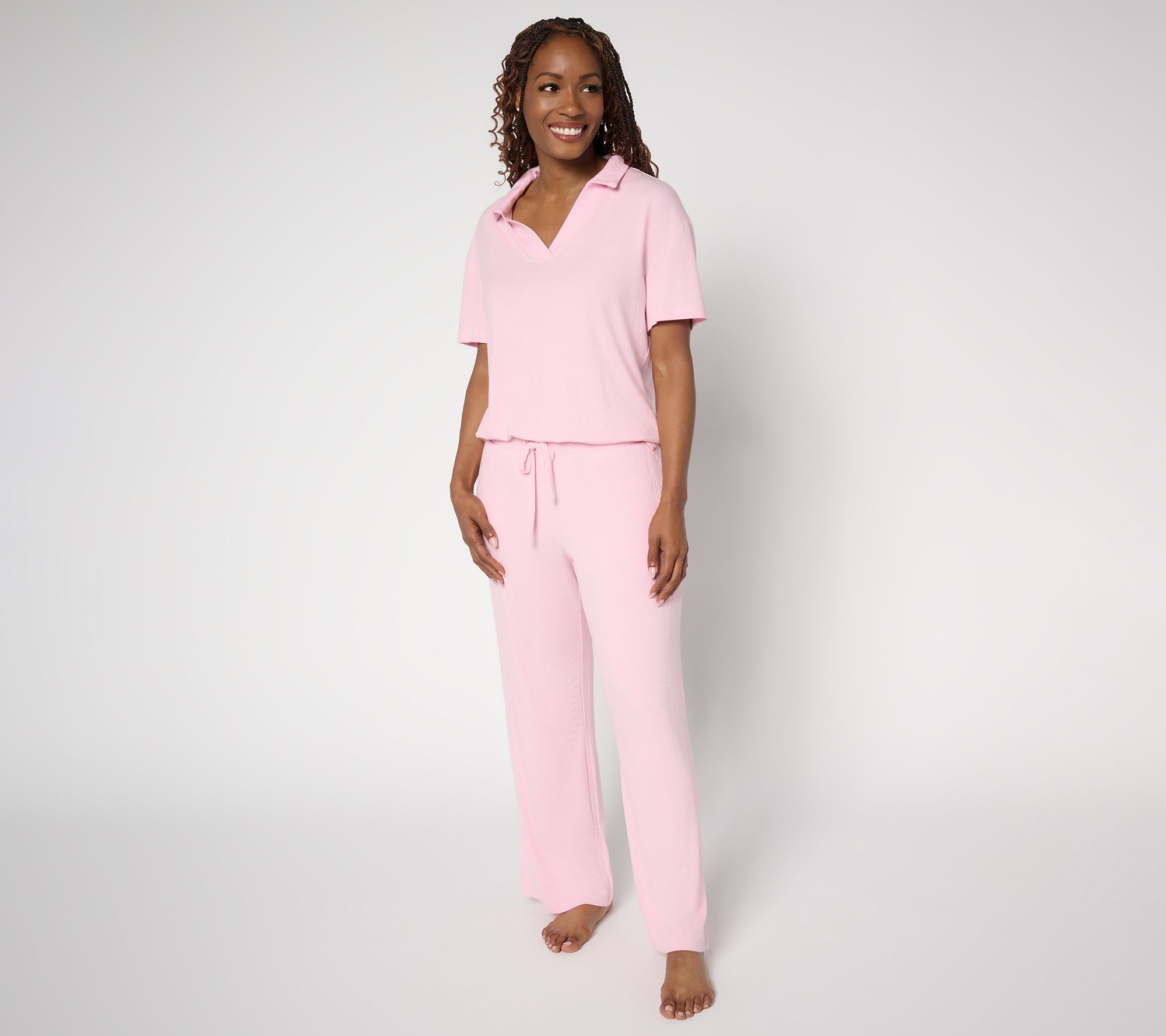 MUK LUKS Rib Knit Short Sleeve Collared Lounge Set