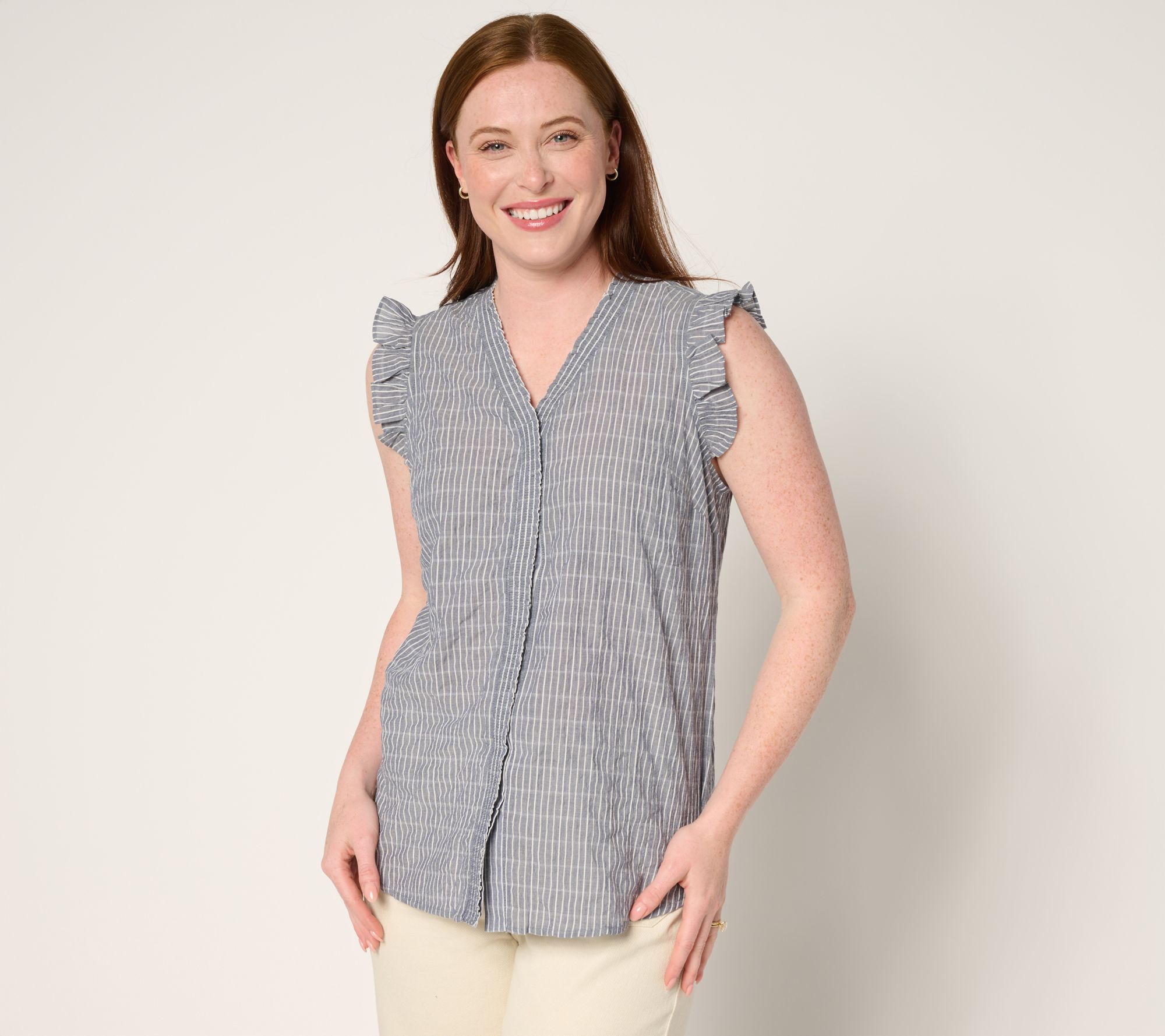 Belle by Kim Gravel Pinstripe Ruffle Shoulder Button Up Top