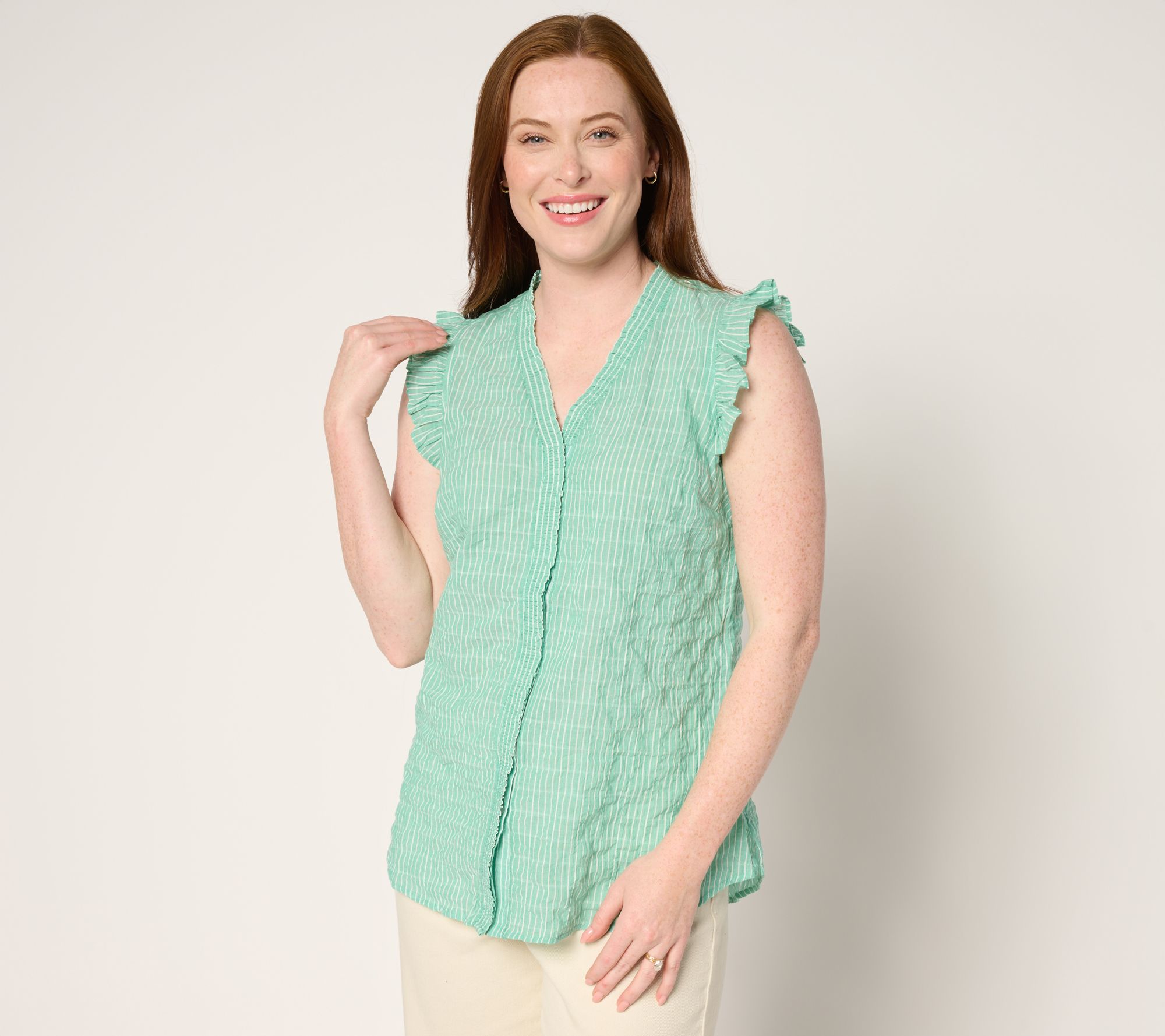 Belle by Kim Gravel Pinstripe Ruffle Shoulder Button Up Top