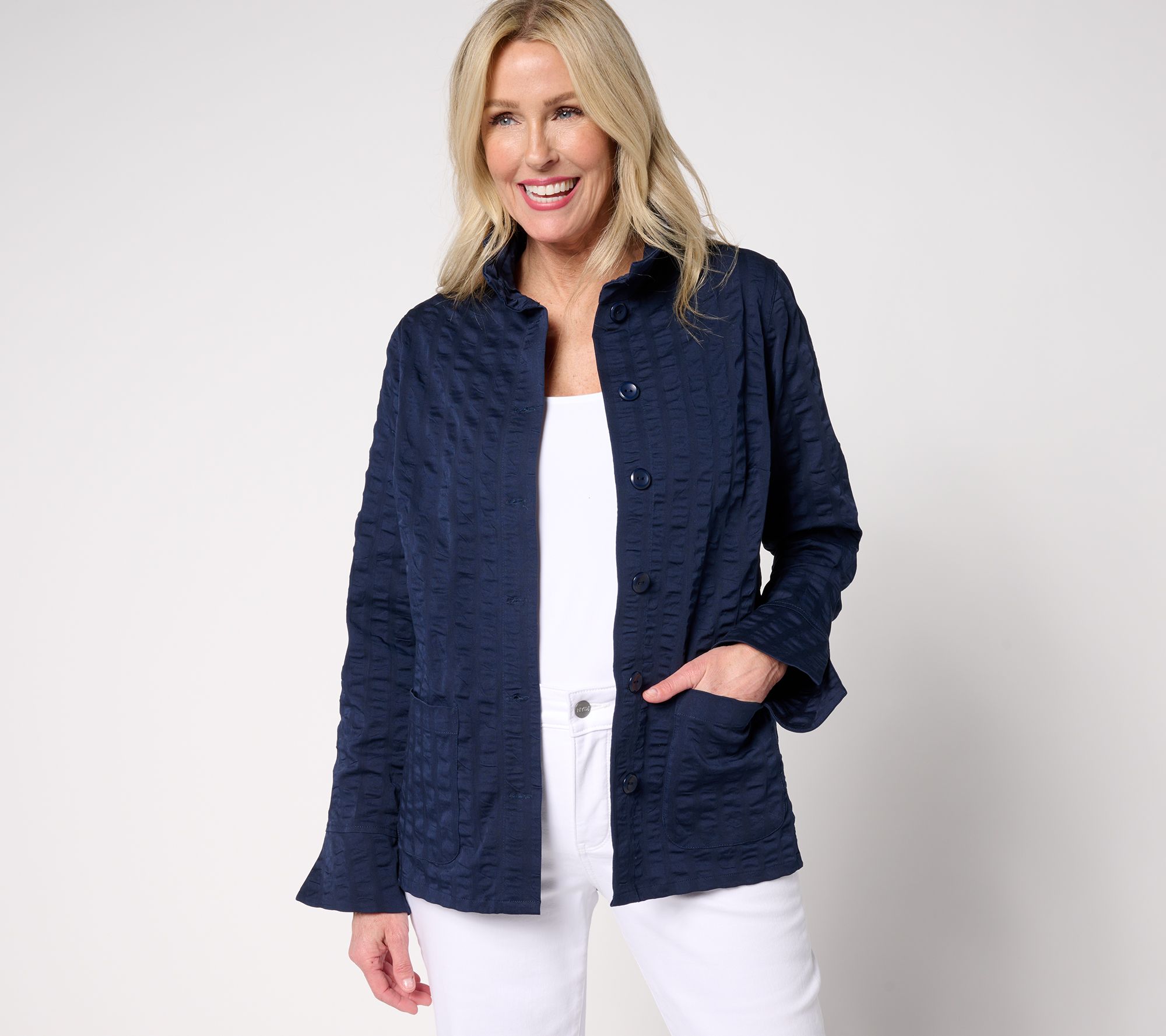 Joan Rivers Stretch Woven Textured Stripe Button Front Topper