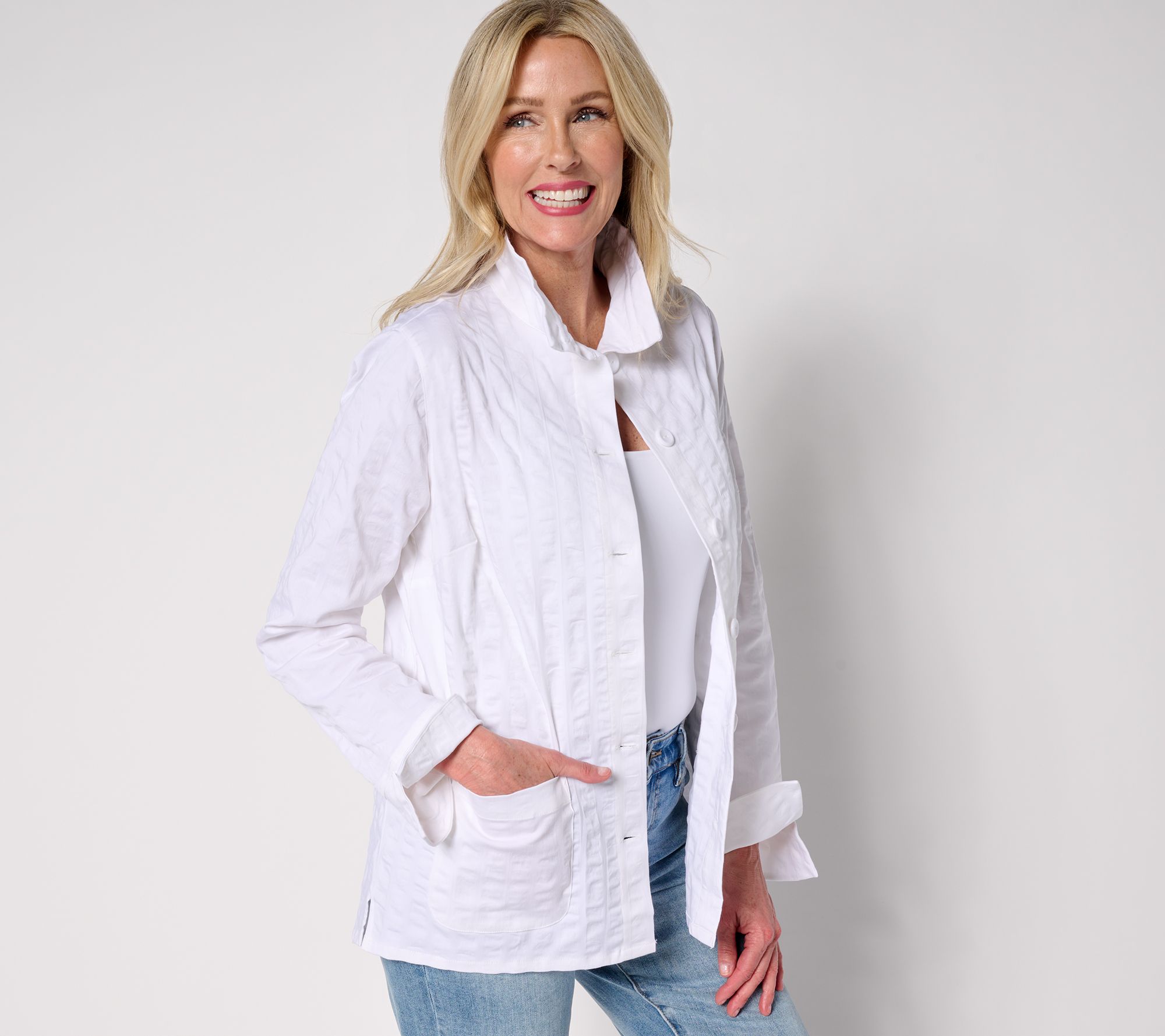 Joan Rivers Stretch Woven Textured Stripe Button Front Topper