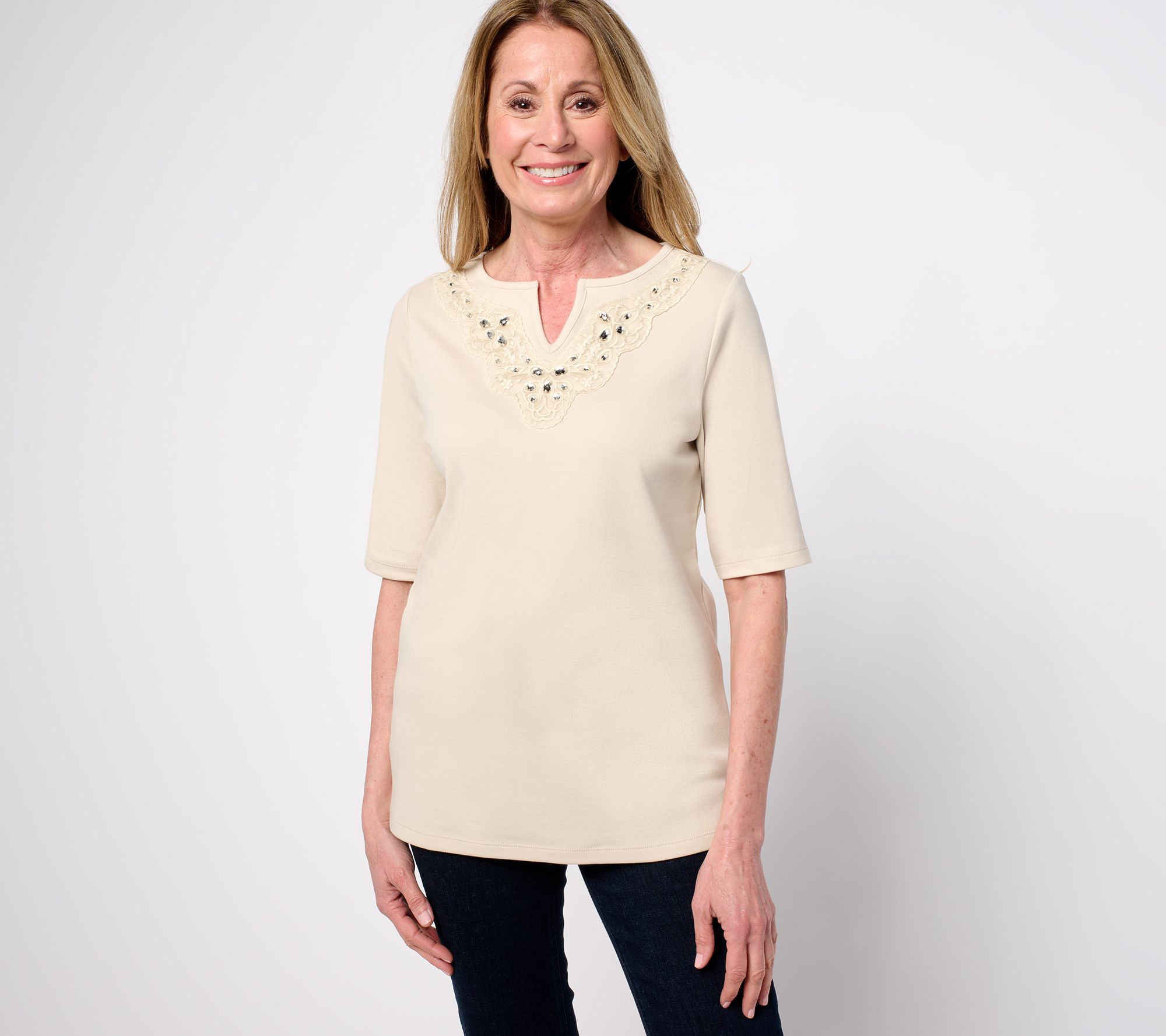 Quacker Factory Lace Embellished Split V Elbow Sleeve Top