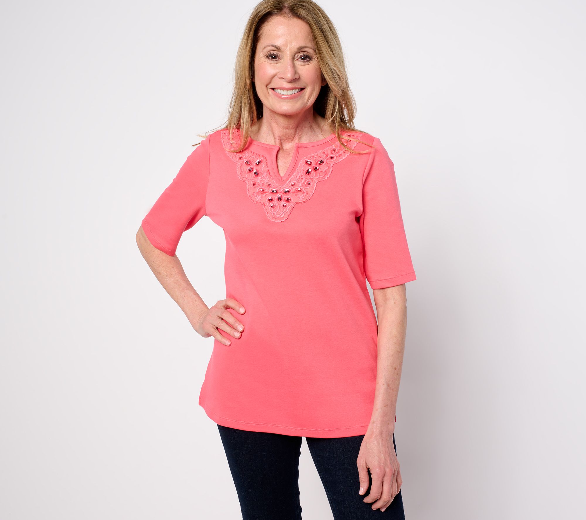 Quacker Factory Lace Embellished Split V Elbow Sleeve Top