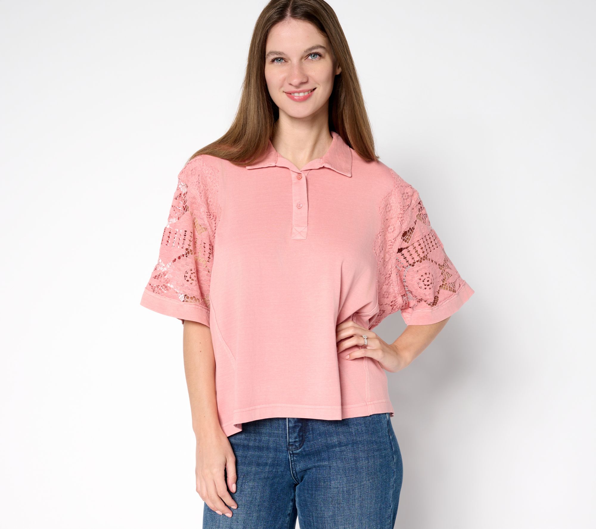 LOGO Lavish by Lori Goldstein 100% Cotton Polo Top with Lace