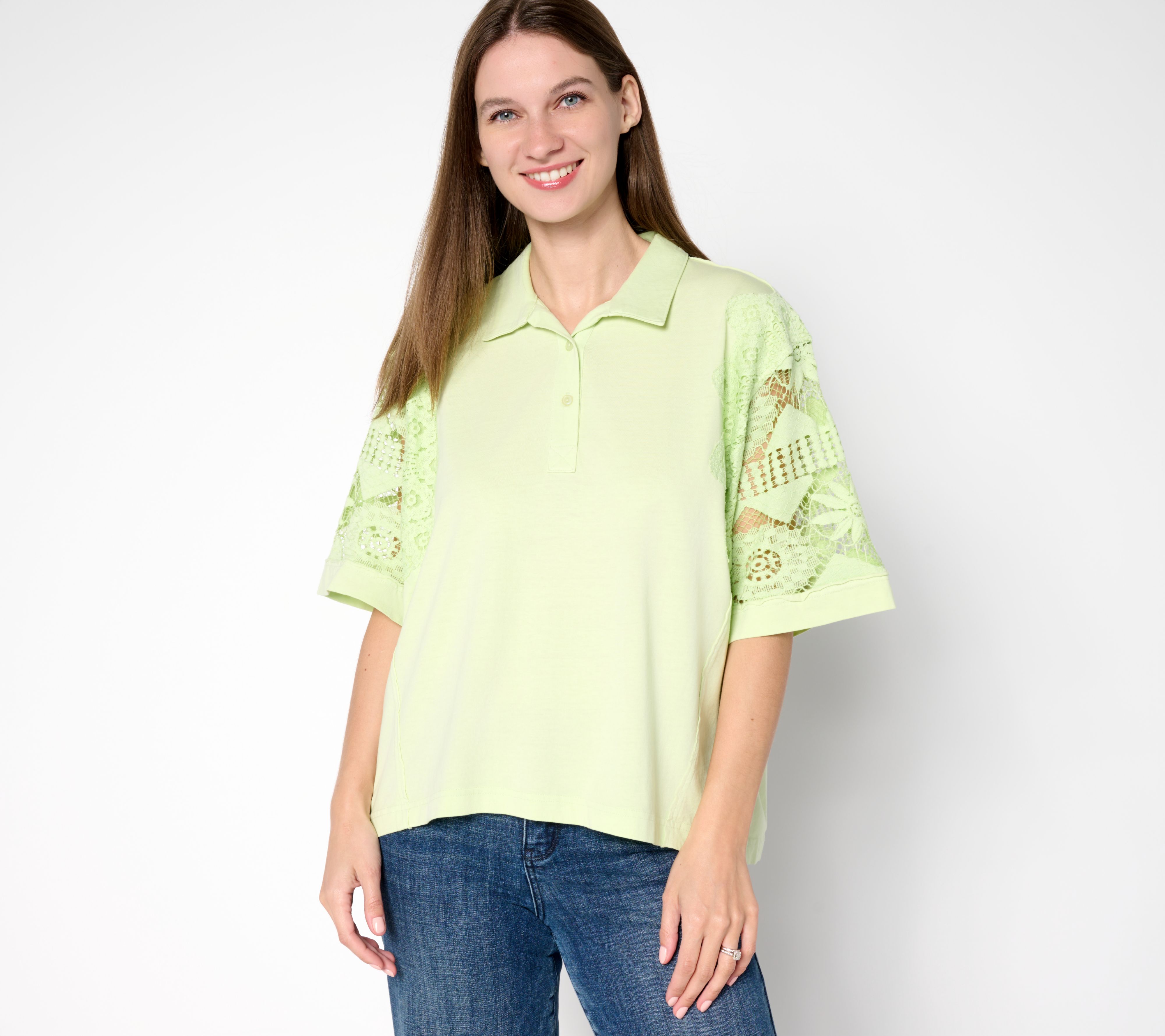 LOGO Lavish by Lori Goldstein 100% Cotton Polo Top with Lace