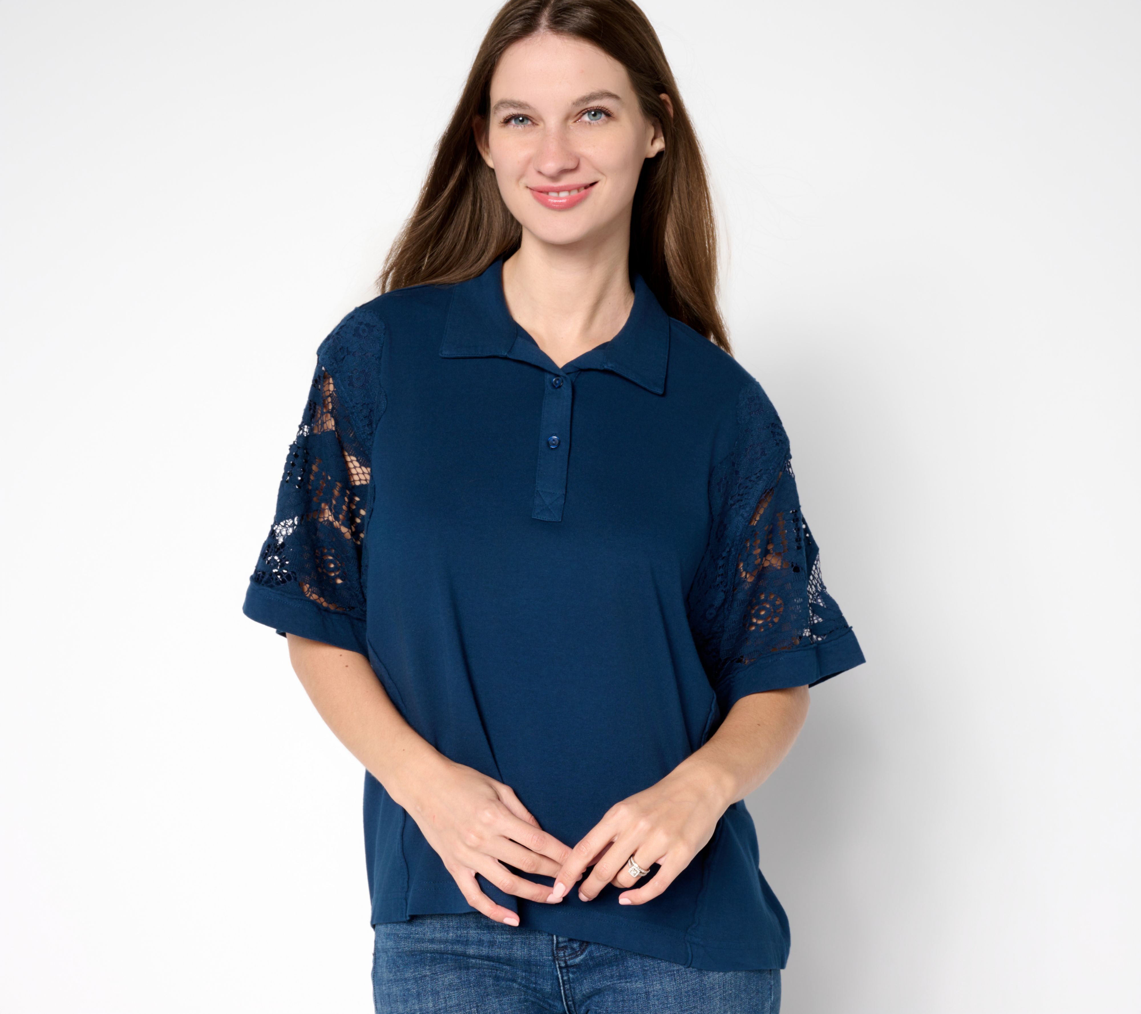 LOGO Lavish by Lori Goldstein 100% Cotton Polo Top with Lace