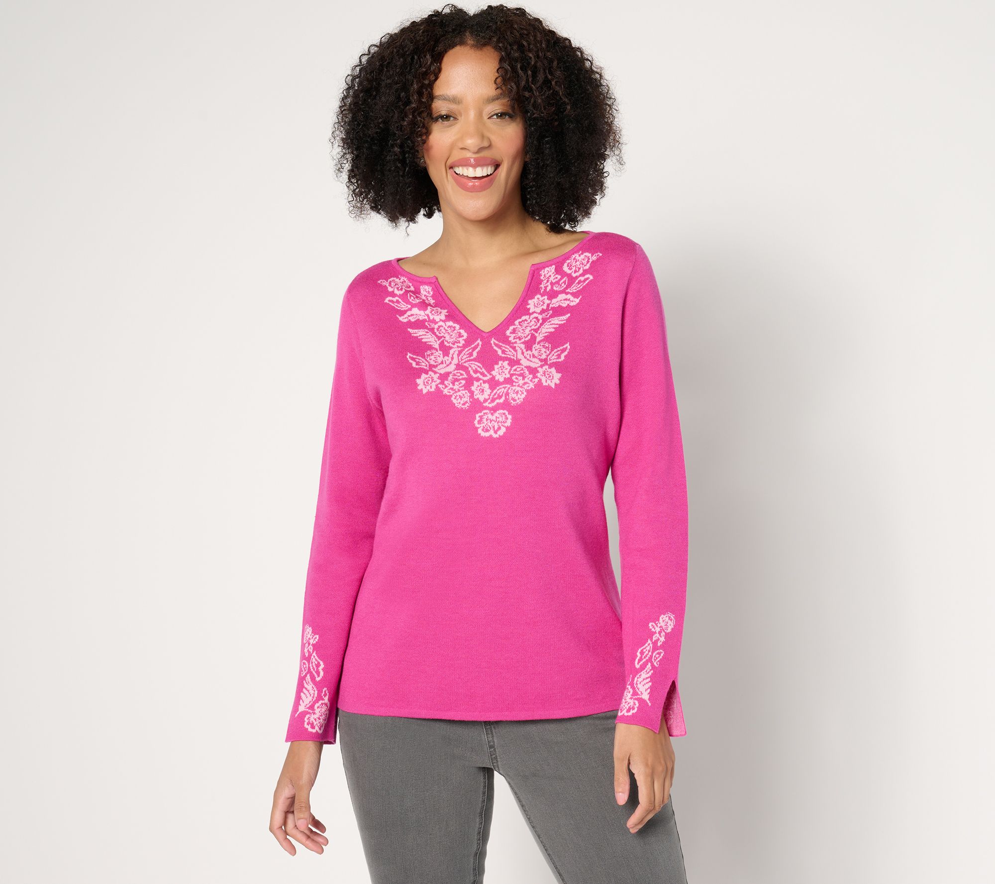 "As Is" Susan Graver Split Neck Jacquard Sweater