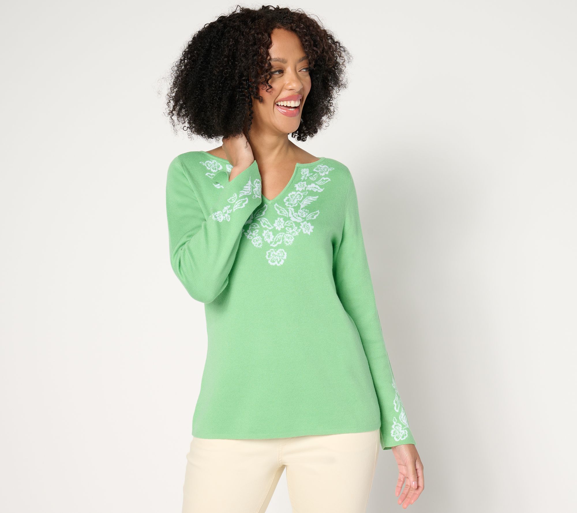 "As Is" Susan Graver Split Neck Jacquard Sweater