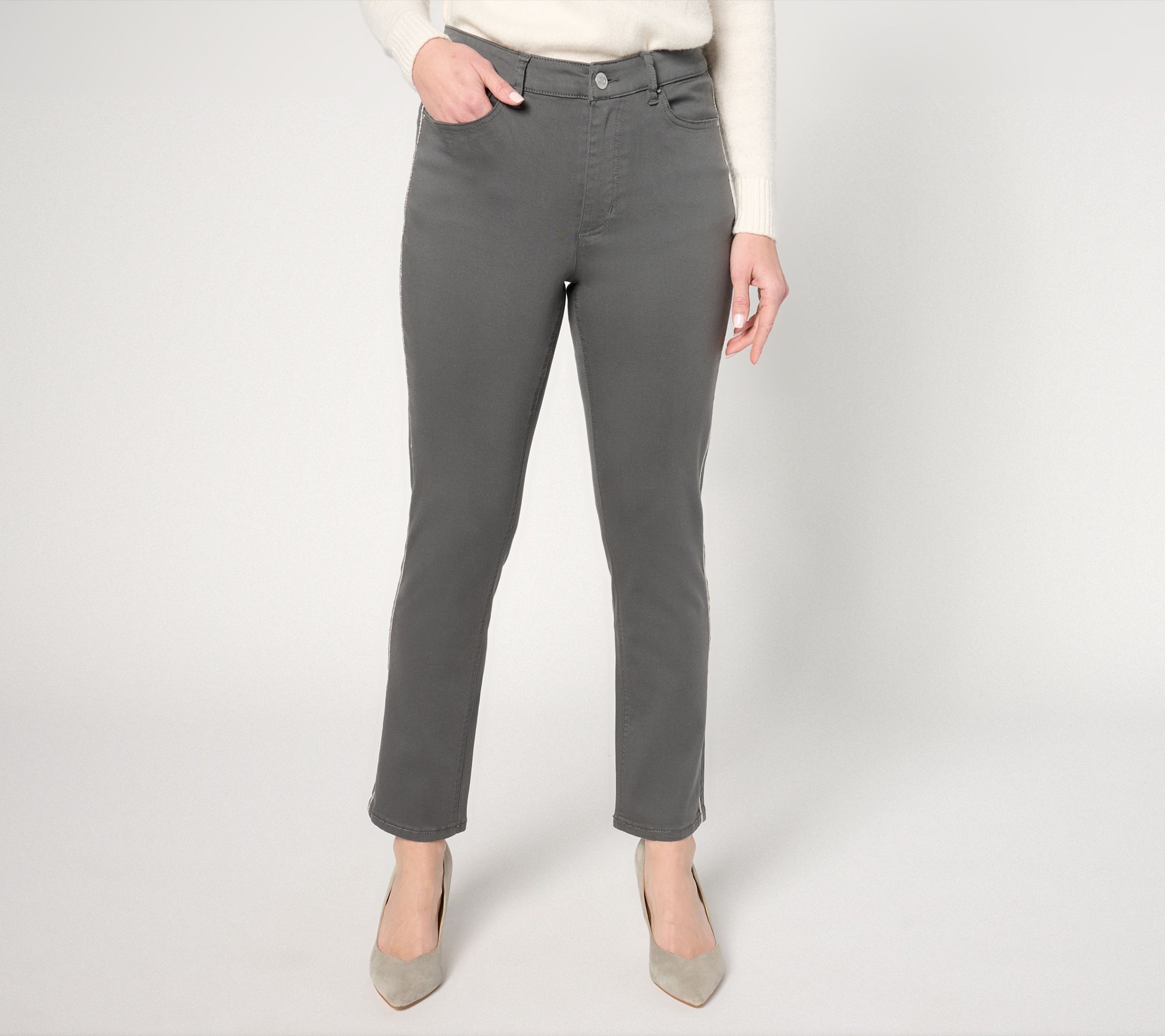 "As Is" Joan Rivers Regular Cotton Sateen 5-Pocket Pant w/Beaded Trim