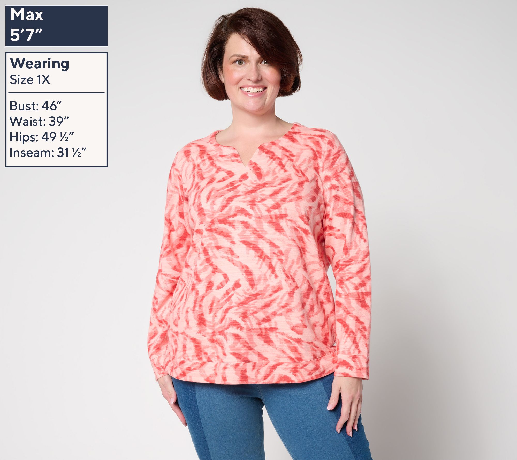 Denim & Co. Active Printed Textured Cotton Split Neck