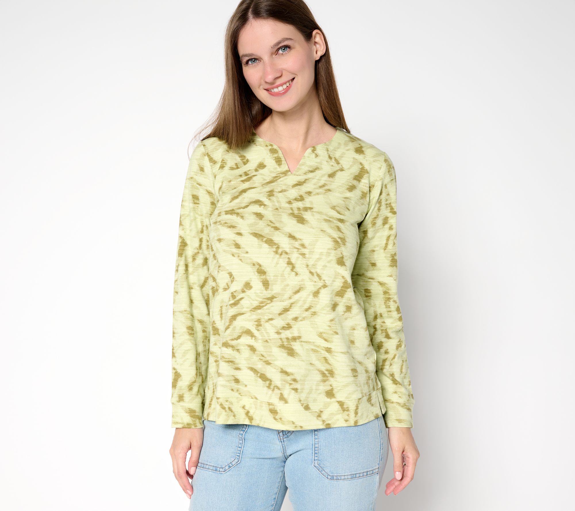 Denim & Co. Active Printed Textured Cotton Split Neck Pullover