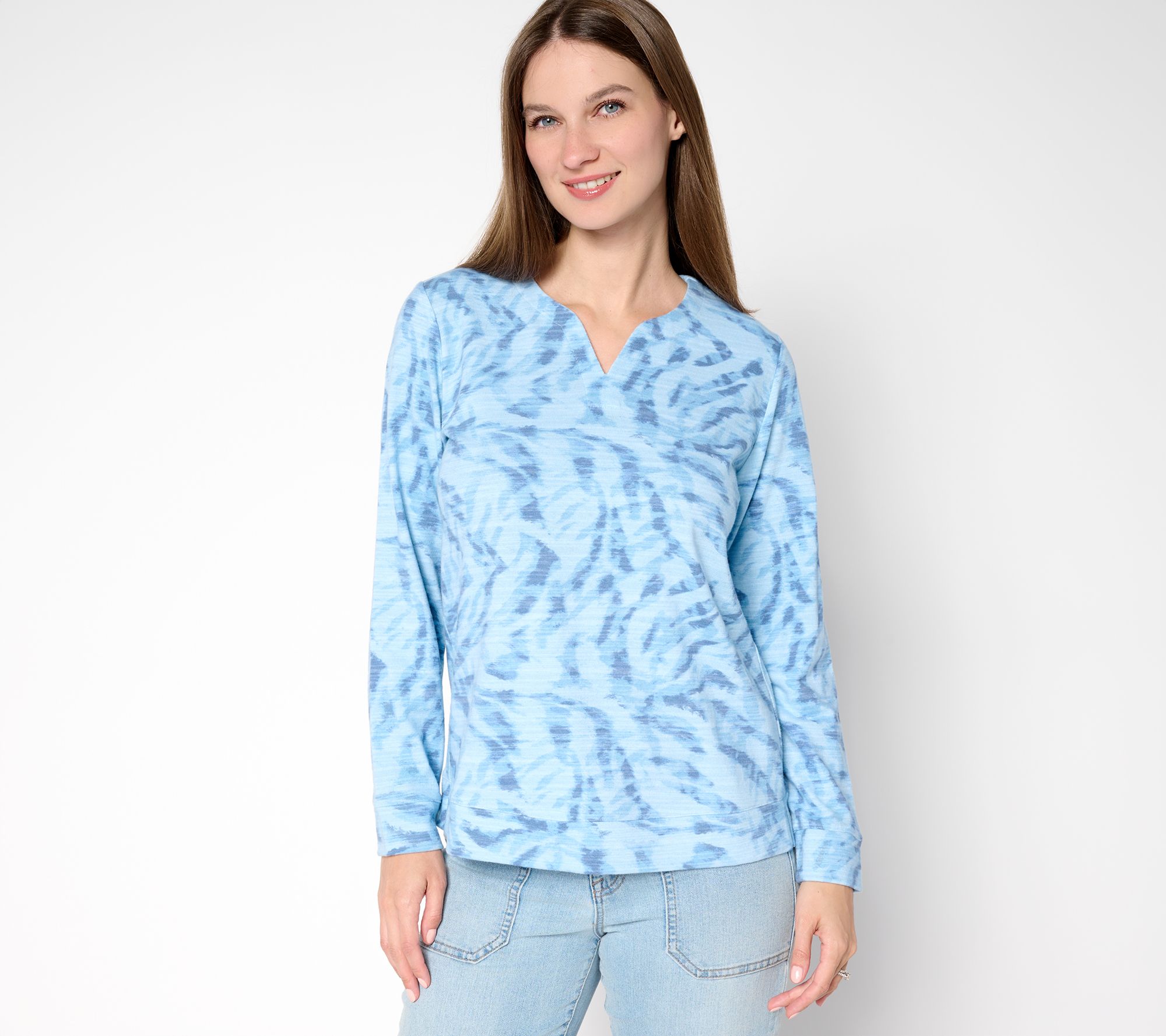 Denim & Co. Active Printed Textured Cotton Split Neck Pullover