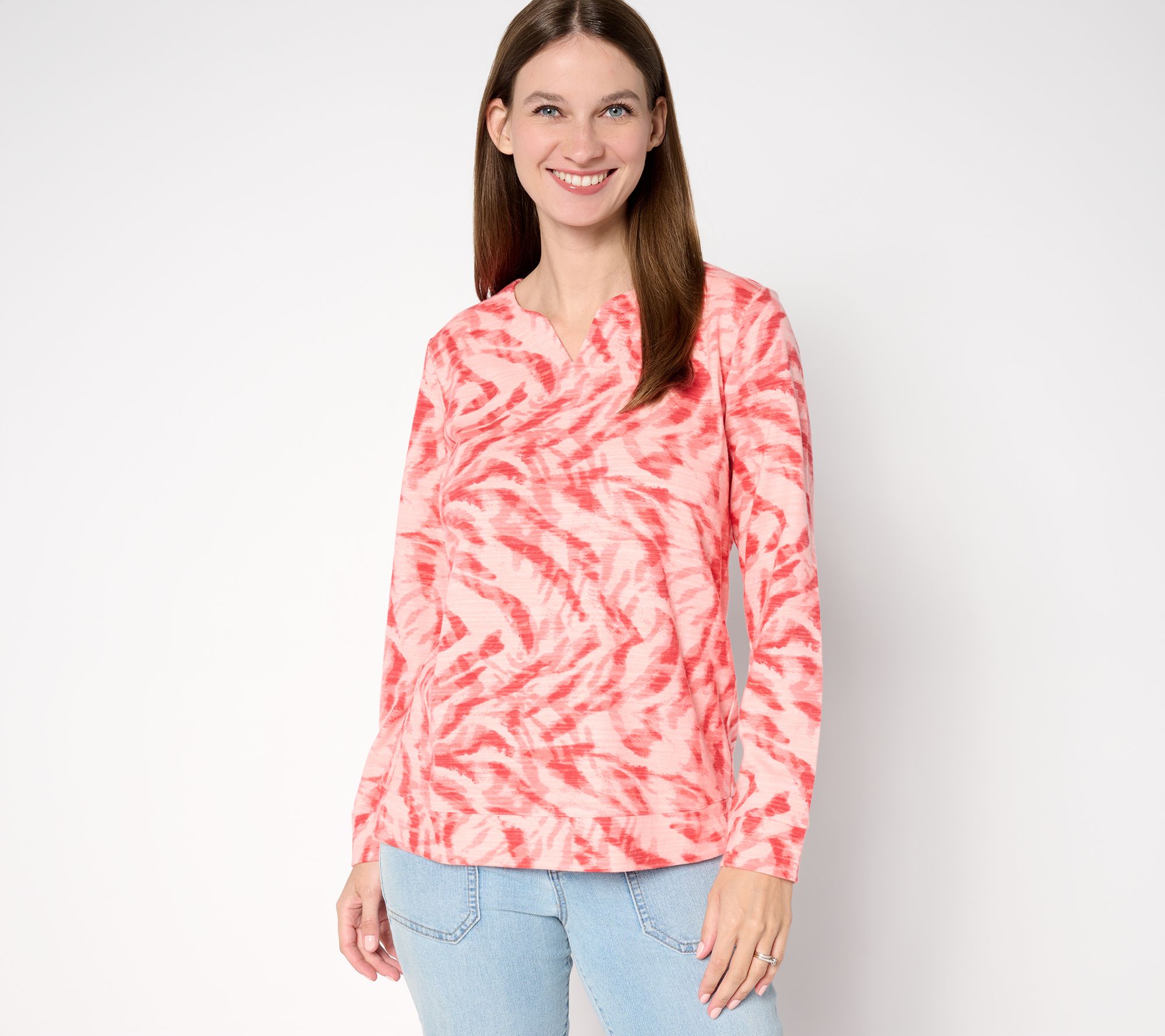 Denim & Co. Active Printed Textured Cotton Split Neck Pullover