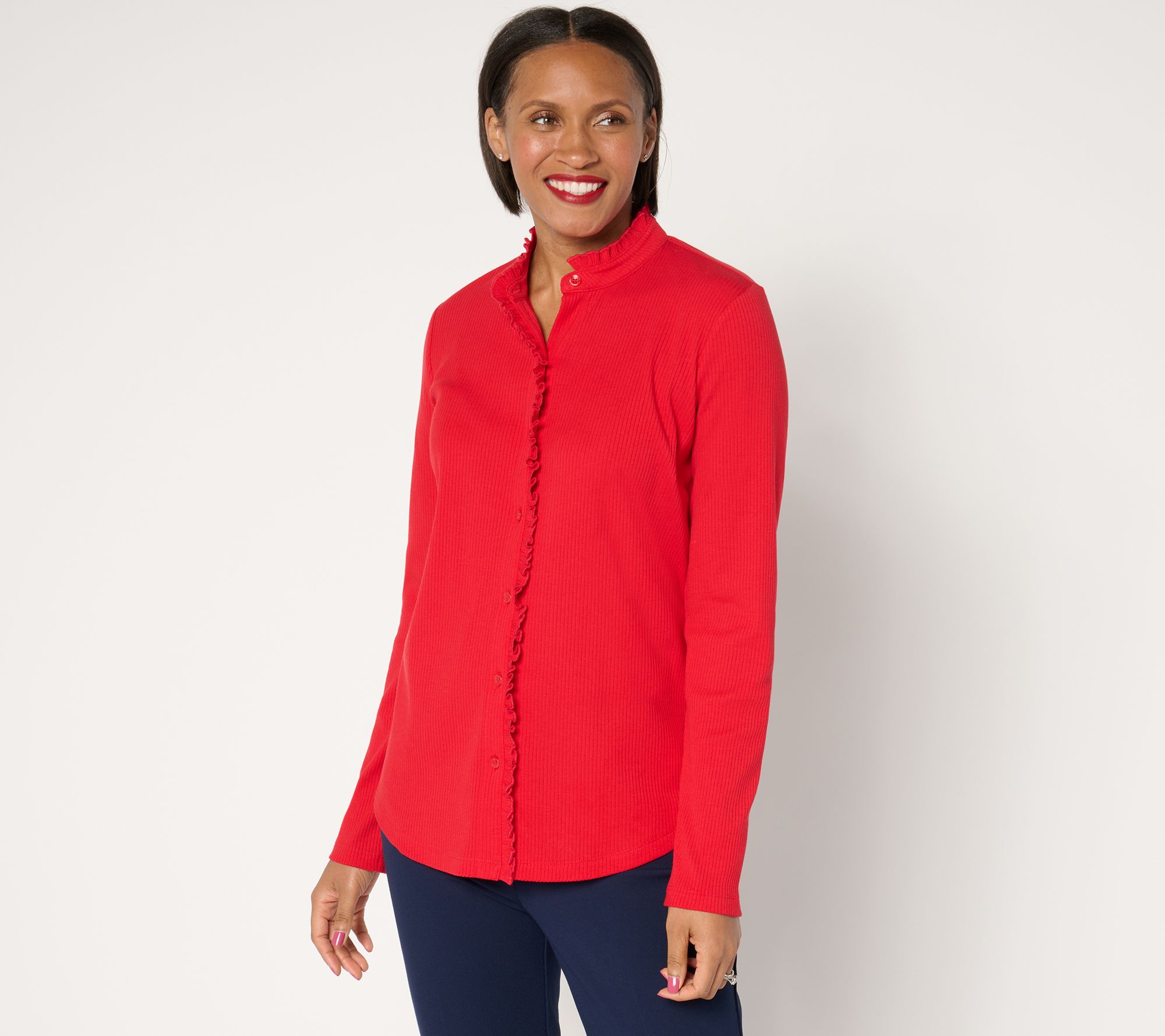 As Is Isaac Mizrahi Live! Knit Button Front Shirt w/Ruffle