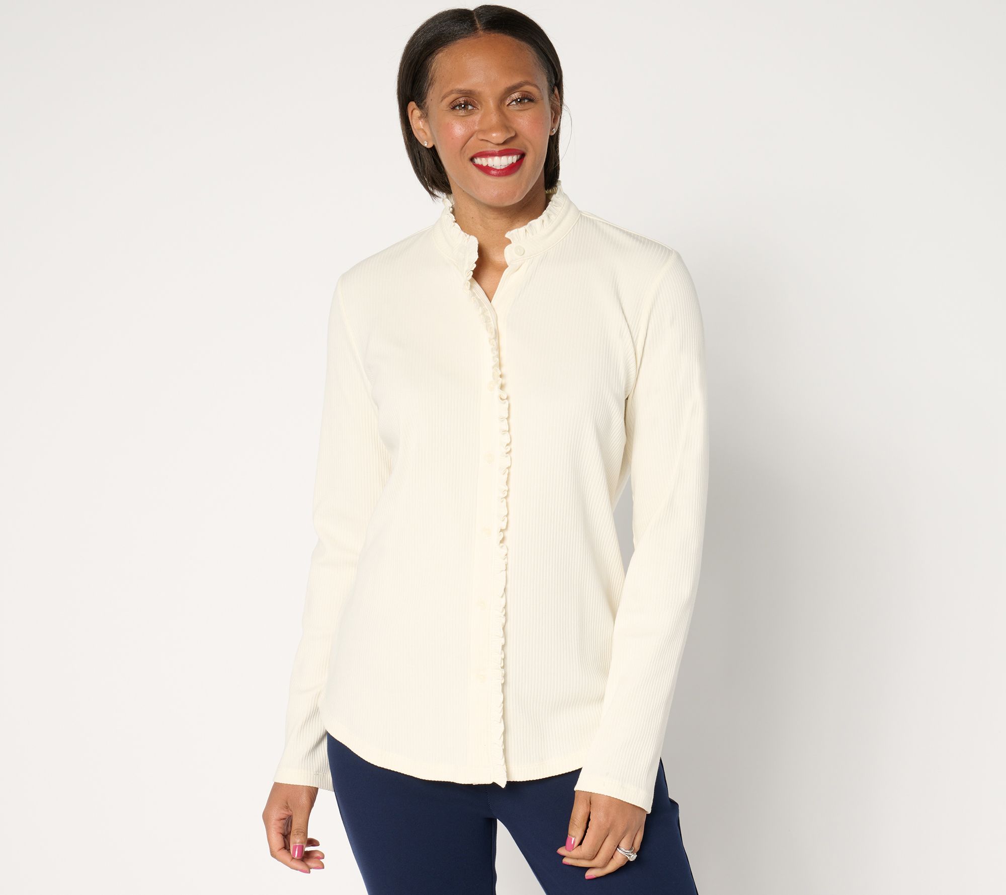 "As Is" Isaac Mizrahi Live! Knit Button Front Shirt w/ Ruffle Detail