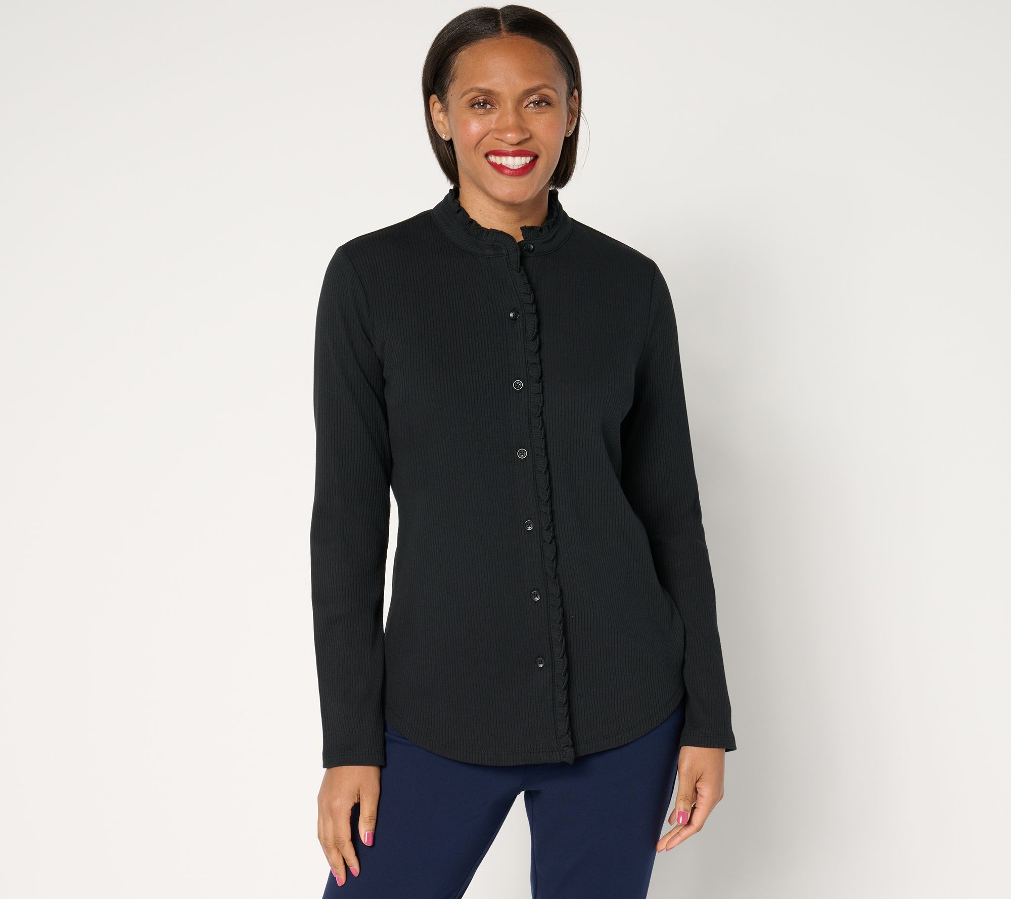 "As Is" Isaac Mizrahi Live! Knit Button Front Shirt w/ Ruffle Detail