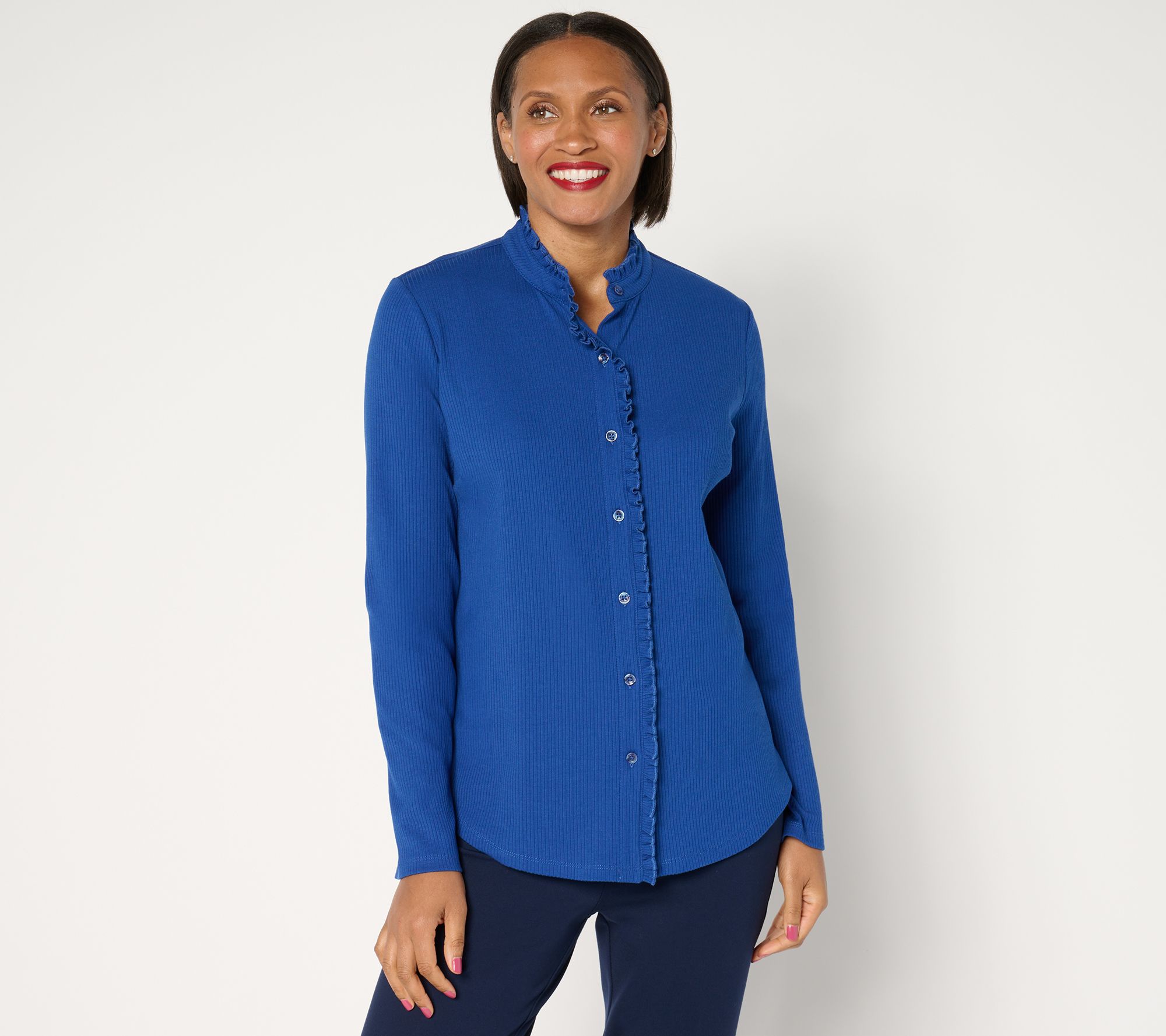 "As Is" Isaac Mizrahi Live! Knit Button Front Shirt w/ Ruffle Detail